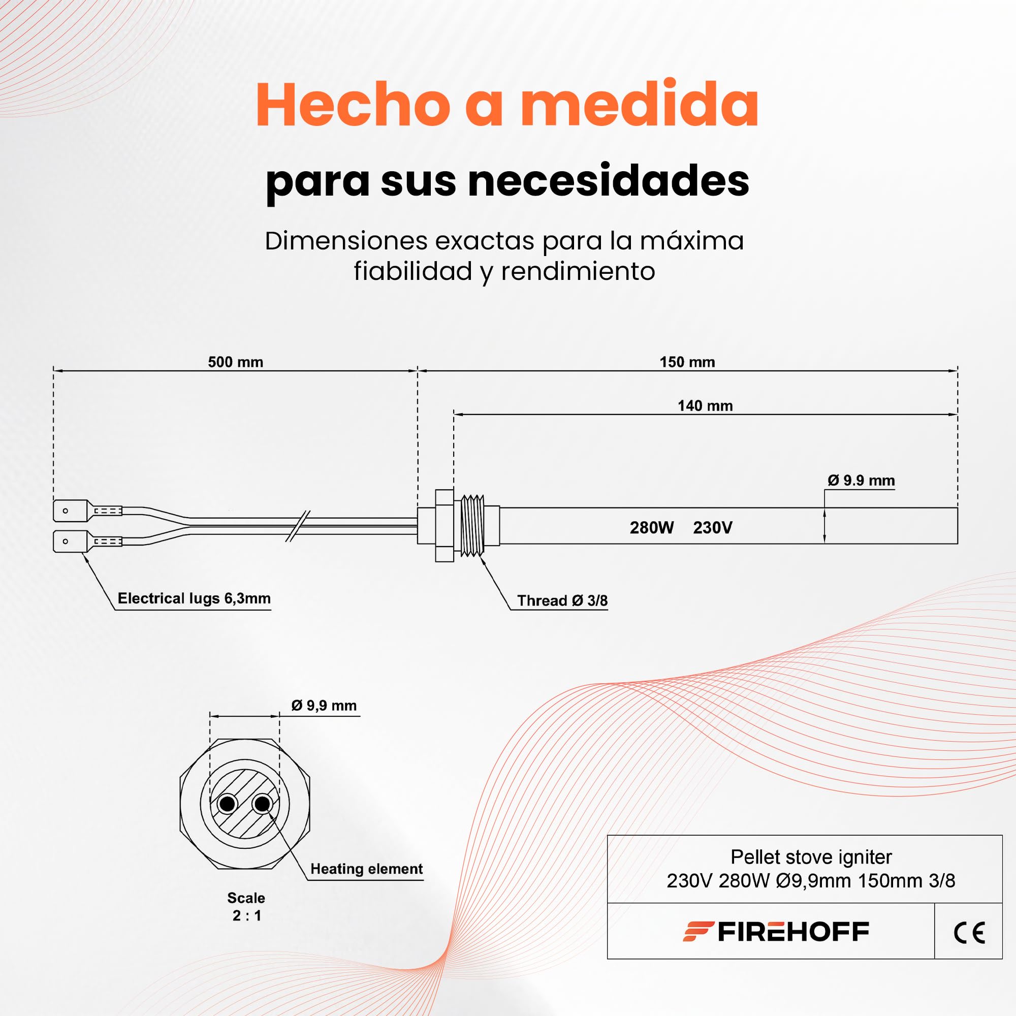 PIAZZETTA/SUPERIOR/JOLLY MEC/INTERSTOVES/MCZ/FREEPOINT/RED/KAUSIFLAM/SKIA – 280 W, 140 mm, Ø 9,9 mm, rosca 3/8, con orejas, garantía de 2 años