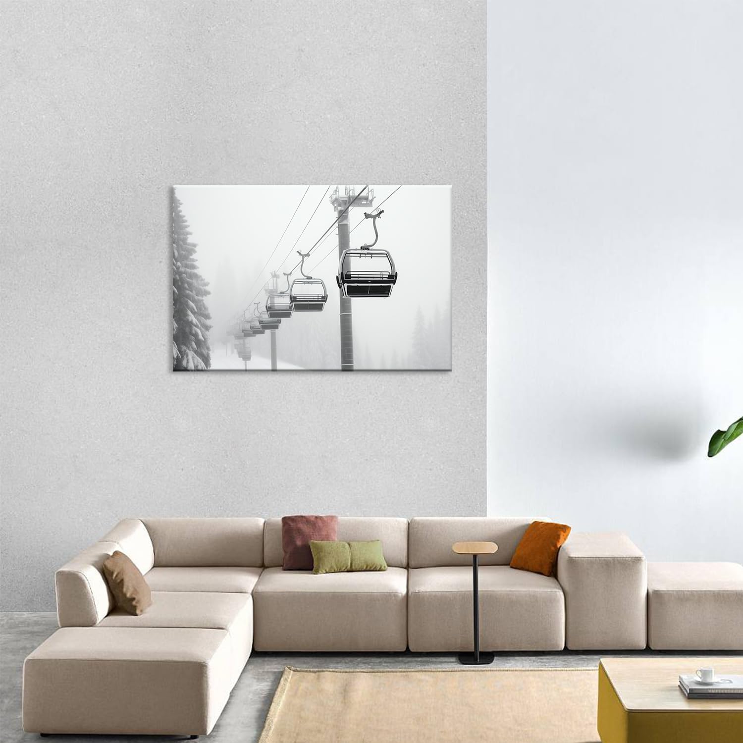 Winter Scenery Canvas Wall Art, Cable Cars Picture Painting Black and White Cableway Poster Print for Living Room Bathroom Decor(Artwork-03, 18"x12")
