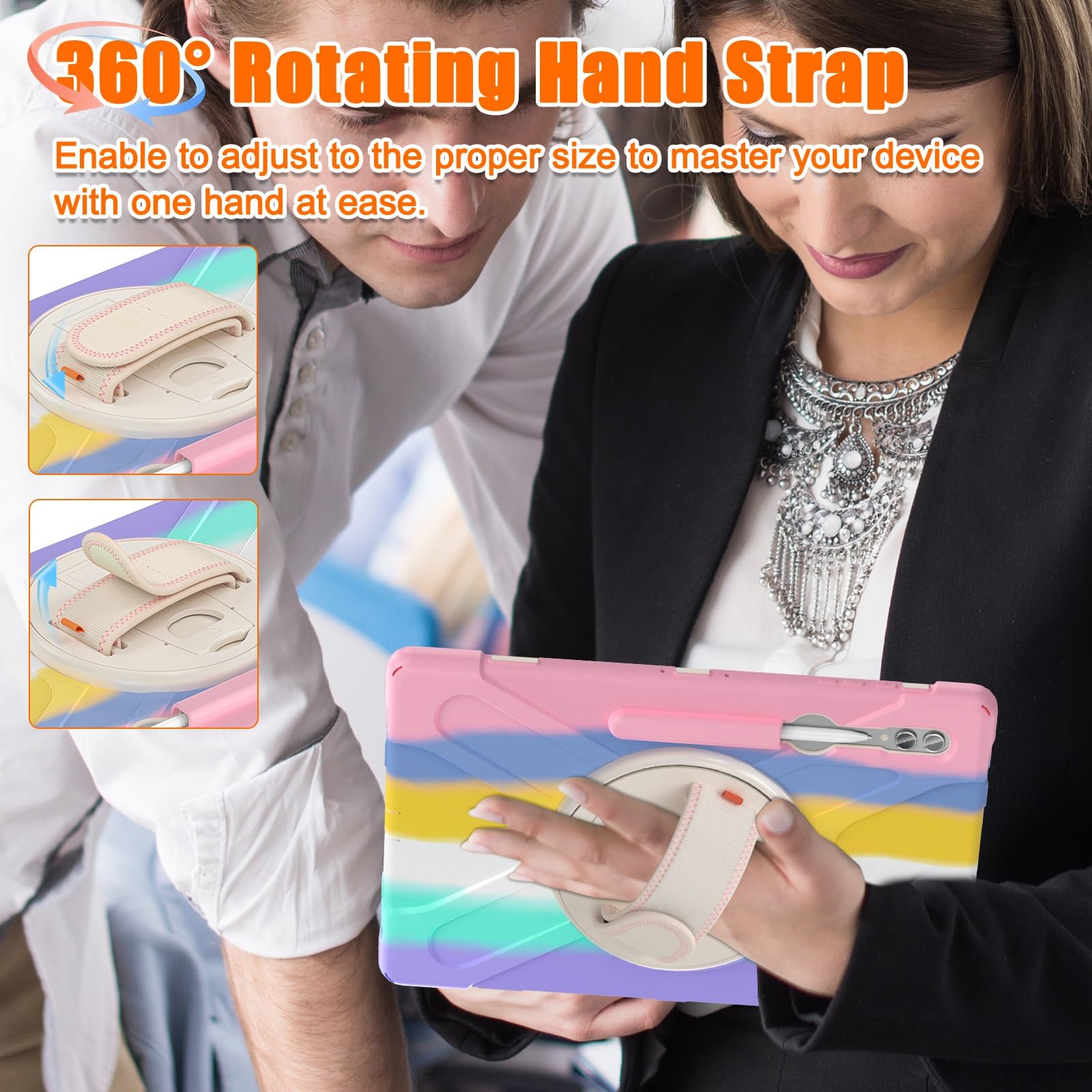 Kompatybilny z Samsung Galaxy Tab S9 Ultra 14,6" (SM-X910/X916B/X918U) 2023 Etui, wytrzymałe, odporne na wstrząsy etui uchwytem długopis, paskiem ramię i ochronną osłoną(Pembe)