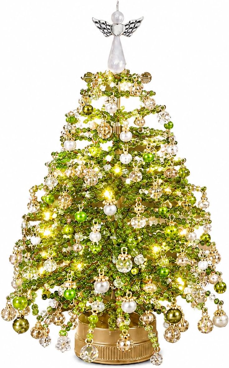 DIY Beaded Christmas Tree Kit, Mini Tabletop Tree Craft Set with Colorful Beads, Ornaments, Angel Topper and Base, Handmade Holiday Decor for Desk, Shelf, Mantel, 1：Style Three