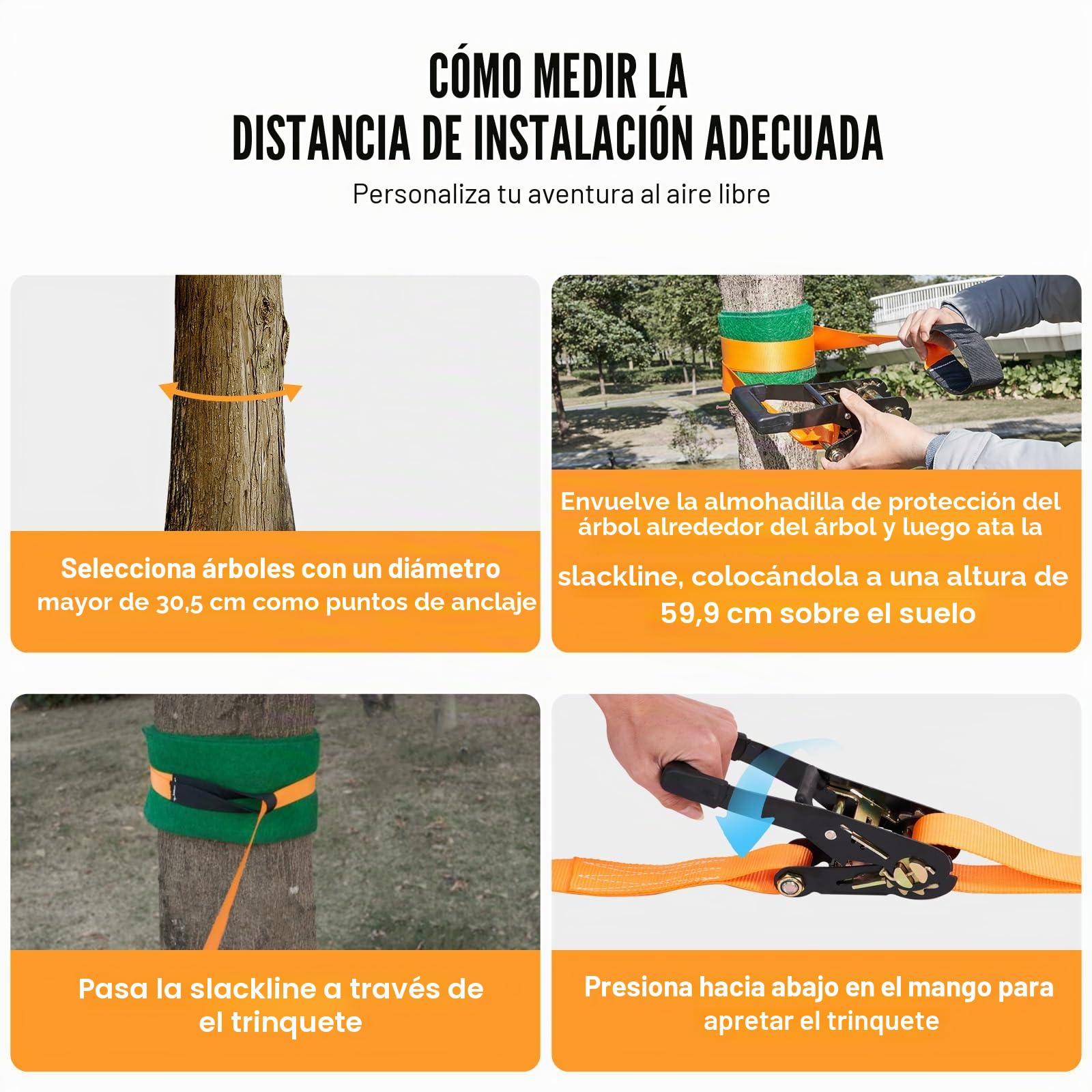 VEVOR Correa de Equilibrio de 60 pies Carga 500 libras Juego Completo con Protector de Árbol Entrenador de Brazo Curso de Equilibrio de Fácil Configuración para Niños Adultos Principiantes y Avanzados