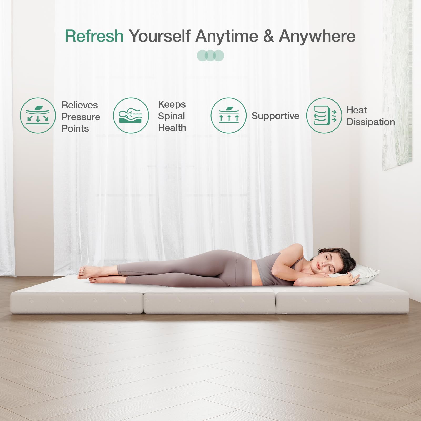 Novilla Folding Mattress, 4 Inch Queen Size Responsive Comfort Foam Trifold Mattress with Breathable & Washable Cover, Foldable Mattress Queen for Back Pain Relief, Suitable for Camping, Road Trip