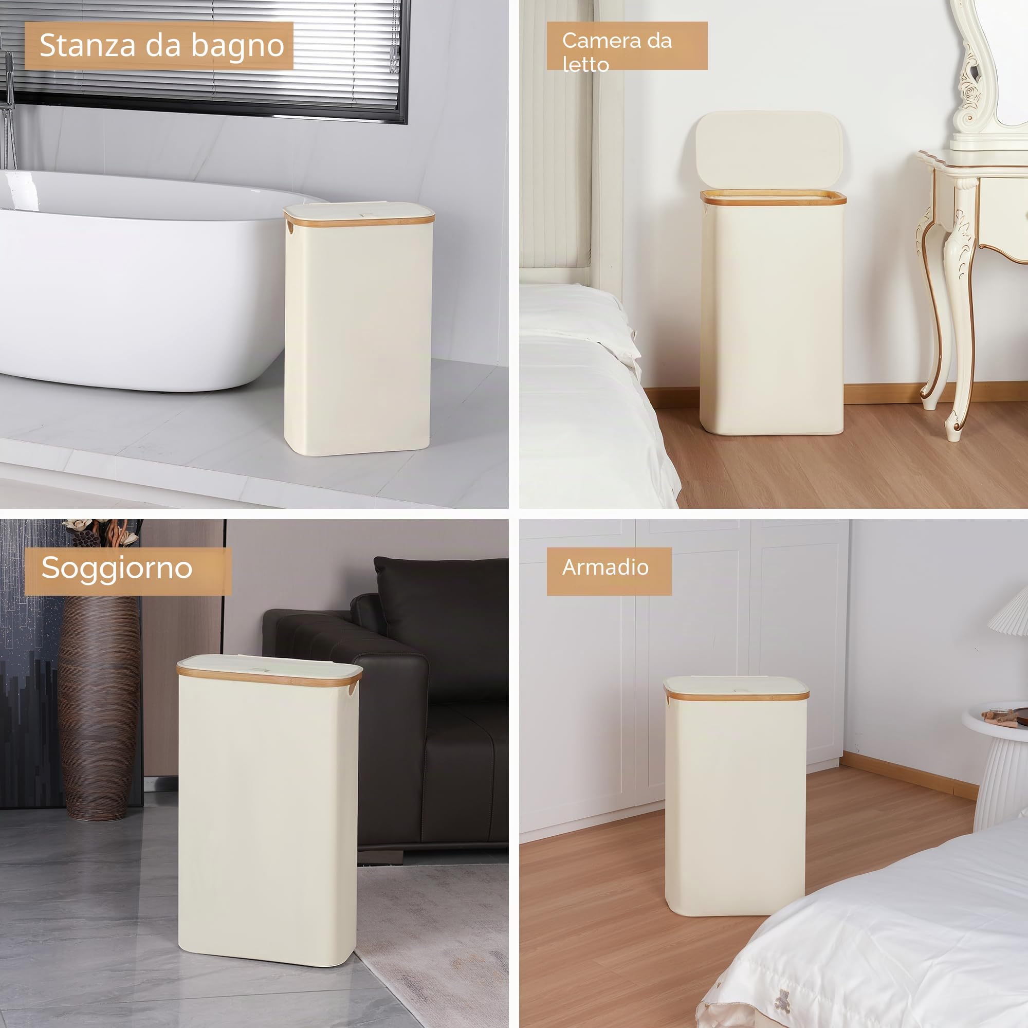 iEGrow Cesto portabiancheria alto da 60 l, con sacchetto interno rimovibile e lavabile, cesto sottile con coperchio e manico in bambù, per lavanderia, camera da letto, bagno (beige)