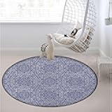 SARMSX Dark Blue White Rug for Kitchen Bathroom Bedroom Living Room -Round Floor Mat Modern Area Rugs Runner, Summer Theme Bluebells with Curved Diameter 35.4 in, Floral_01331