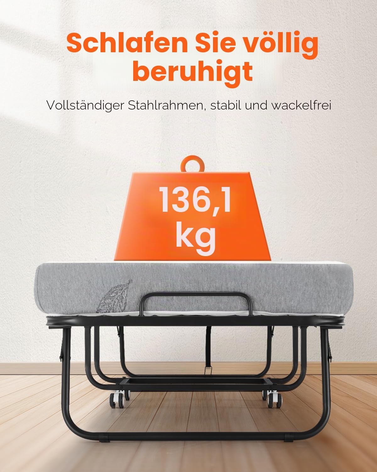 VEVOR Rollbett Klappbett mit 12,5 cm Matratze, faltbares Einzelbett mit Memory Foam-Matratze (190 x 81 cm), 136,1 kg belastbares Gästebett für Erwachsene, Metallbett für Schlafzimmer Wohnzimmer