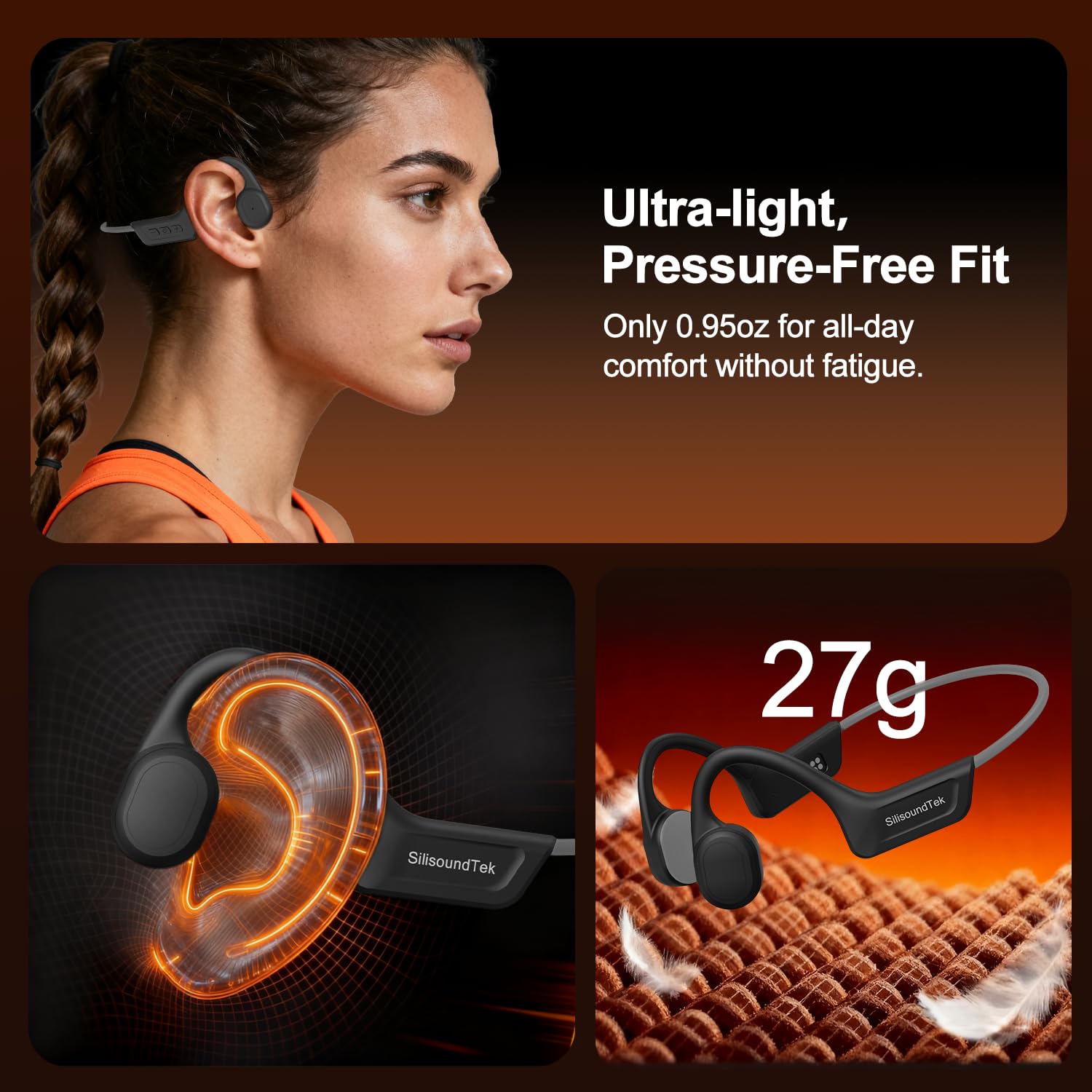 Cuffie a conduzione ossea, impermeabili IPX7, auricolari sportivi Bluetooth 5.3 con microfono integrato, durata di riproduzione 10 ore, per ciclismo, palestra, escursionismo, allenamento (grigio)