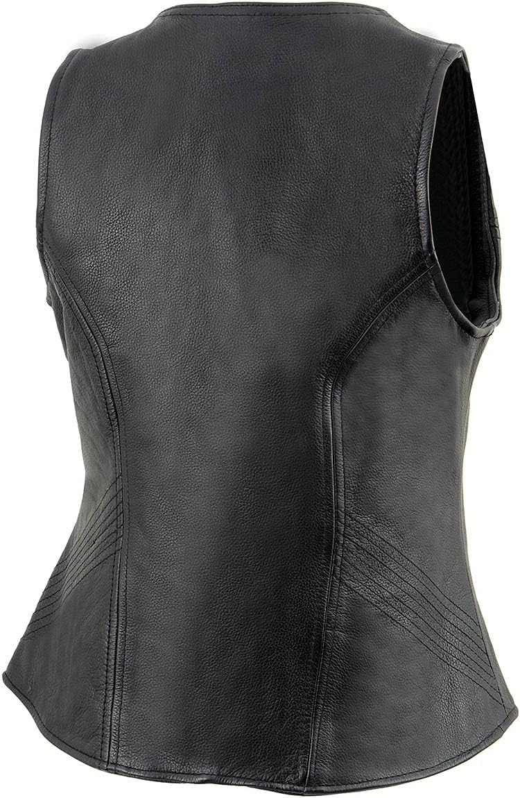 Milwaukee Leather MLL4530 Women's Black Leather Open Neck Motorcycle Rider Vest W/Front Zip and Stitching detail