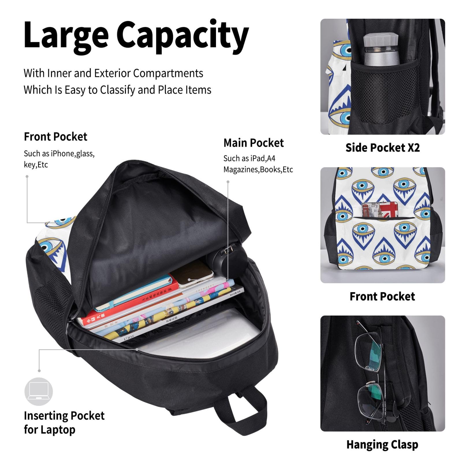 3 pezzi occhi (4) Set zaino, borsa a tracolla regolabile set con portapranzo astuccio
