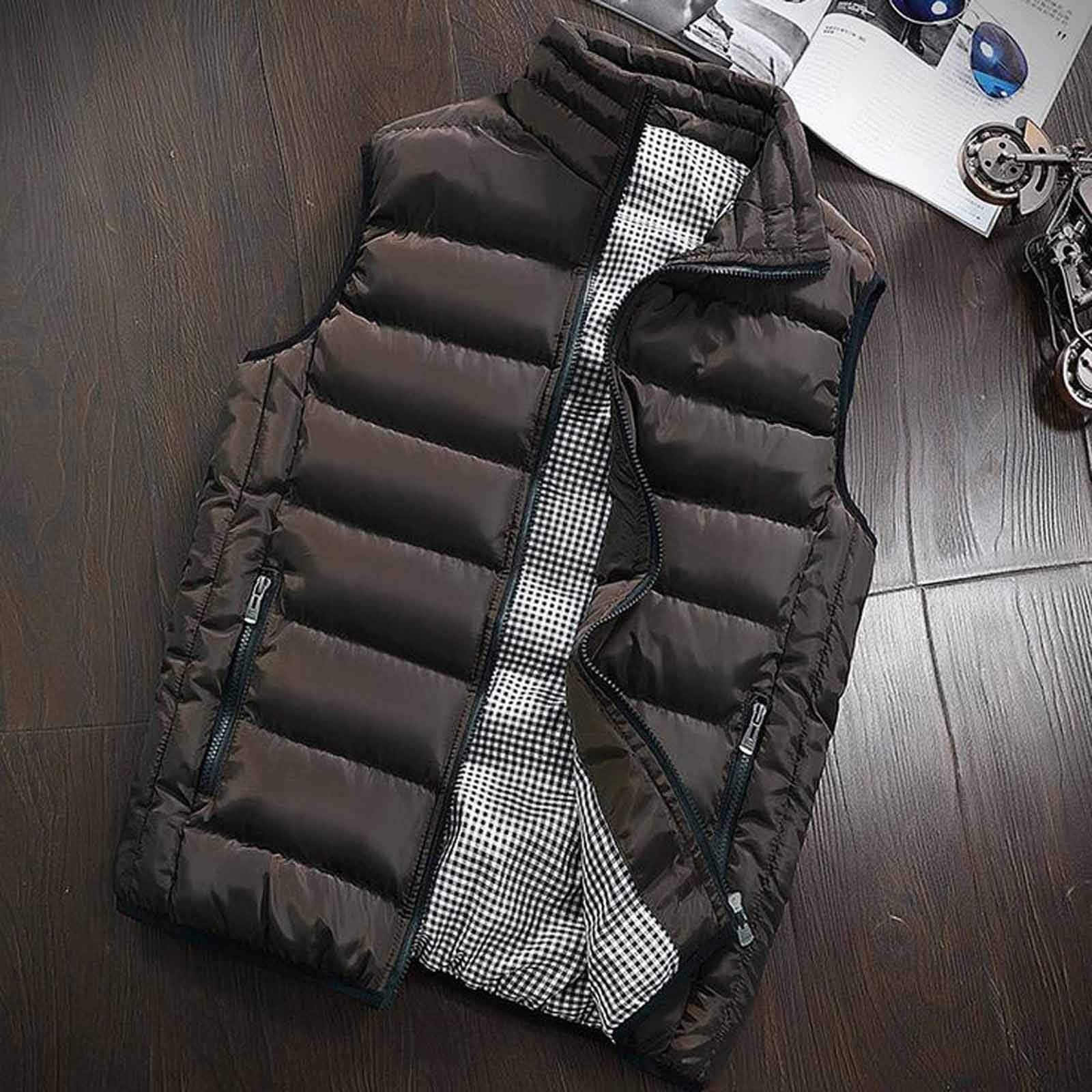 KONG JIMFAN Steppweste Herren Warm Weste Herren Stehkragen Outdoor Jacke mit Reißverschlüssen Anglerweste Taschen Ärmellose Jacke Casual Übergangsweste Dicke Daunenweste Outdoorjacke Herren