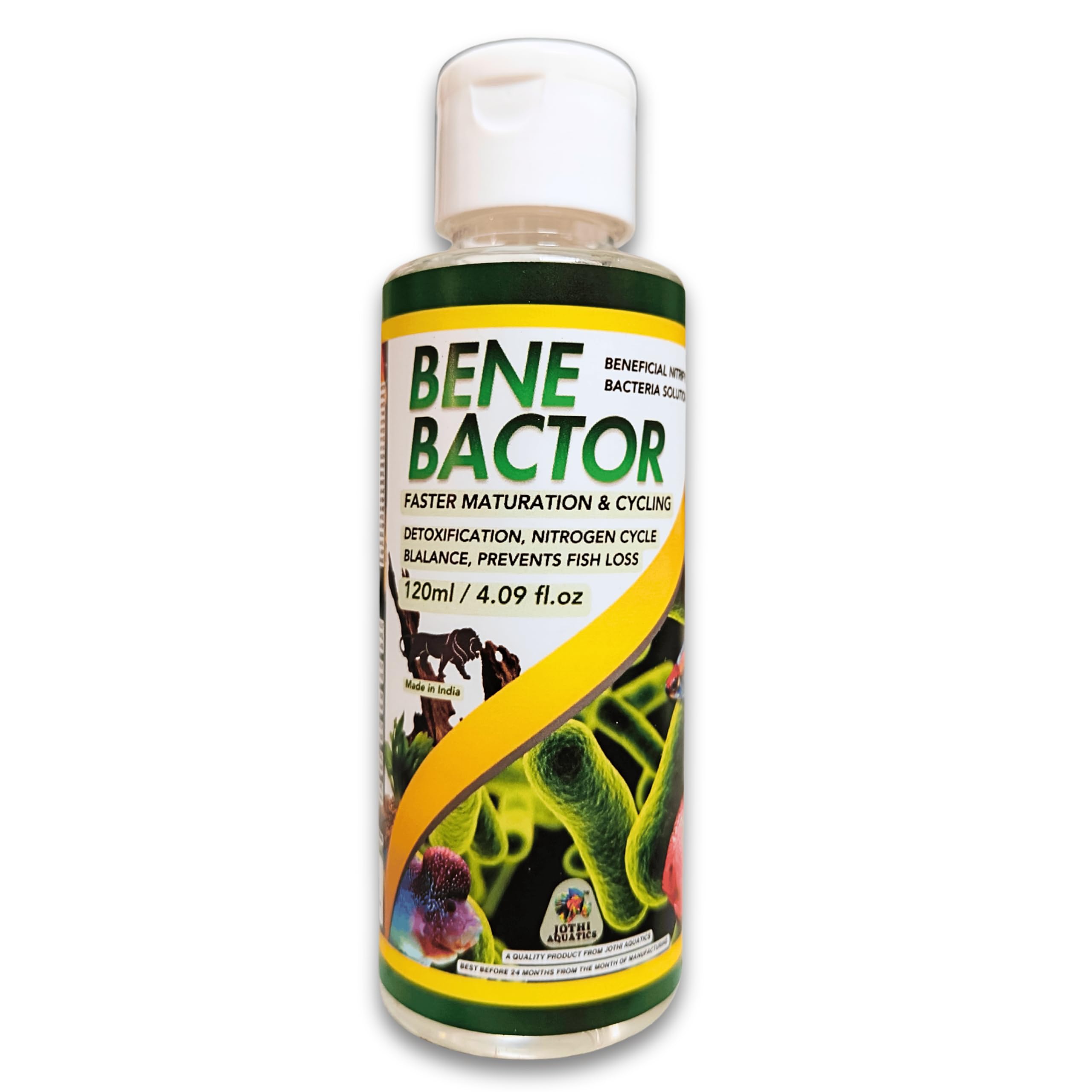 Jothi Aquatics Bene Bactor Nitrifying Beneficial Bacteria Solution 120ml | Instant Aquarium Cycling & Clear Water | Converts Ammonia to Nitrates | for All Freshwater Aquariums & Fishes