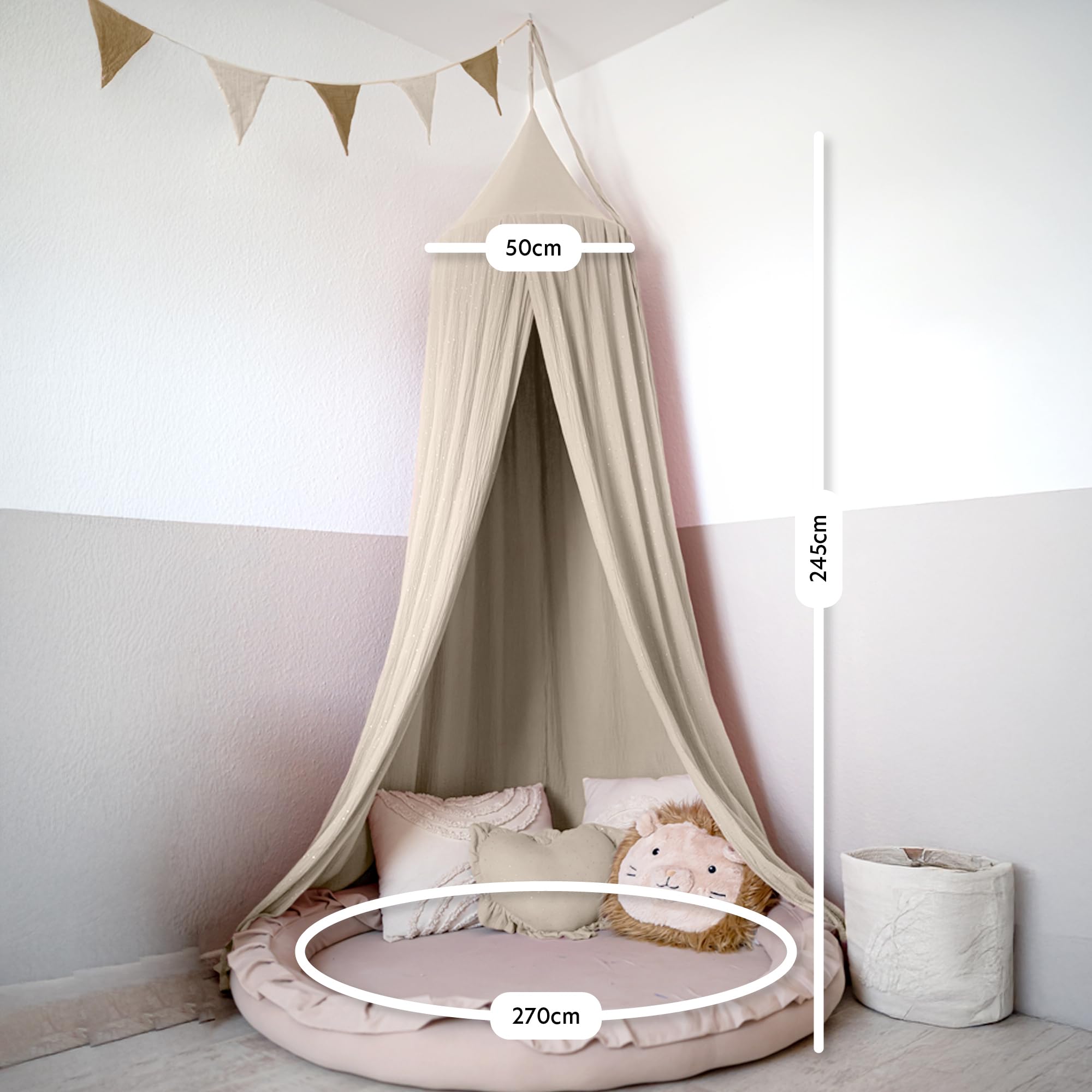 lilimaus Baldacchino Lettino Bambini con Applicazioni Dorate Mussola