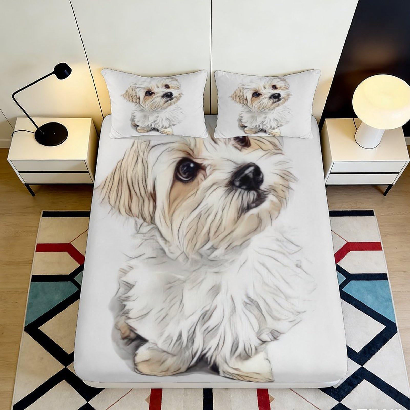 3D Printed Cute Puppy Fitted Sheet Microfiber Anti-Slip Fluffy Dog Bed Cover for Bedroom Guest Room Decor 90x200x25cm