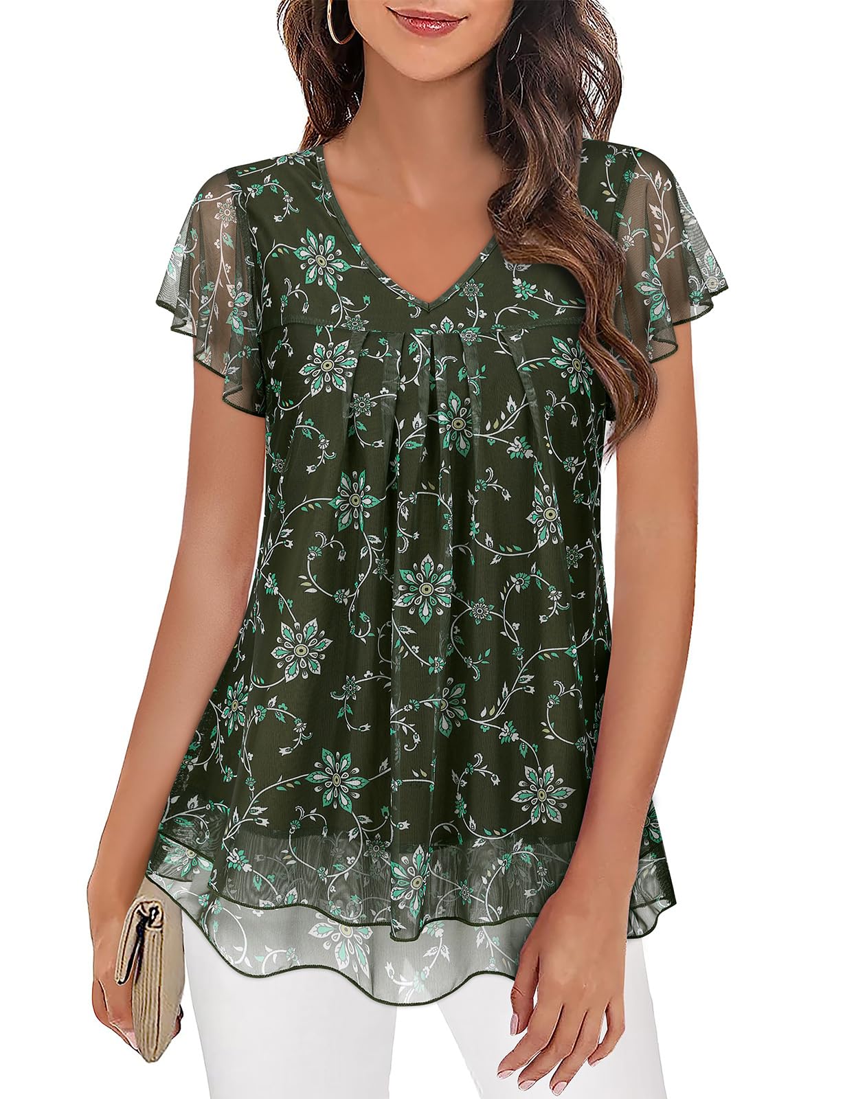 SyphibyWomens Tops V Neck Ladies Top Ruffle Short Sleeve Blouses Flowy Mesh Tunic Tops Casual T Shirt