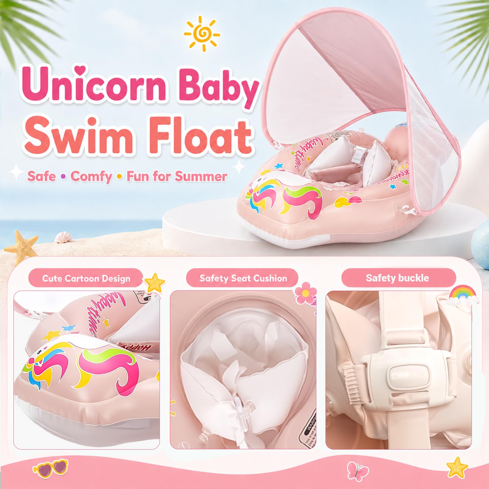 Flotador Bebé con Parasol, Baby Float Hinchable para Bebés de 3-72 Meses, Flotador Piscina con Arnés de Seguridad & Cámaras de Aire, Protección UV para Piscina y Playa