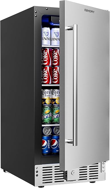 EUHOMY 15 Inch Under Counter Beverage Refrigerator, 125 Can Beverage Fridge with Stainless Steel Door for Beer Wine Soda, Beverage Cooler Built-in and Drink Fridge