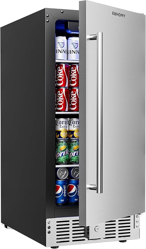 EUHOMY 15 Inch Under Counter Beverage Refrigerator, 125 Can Beverage Fridge with Stainless Steel Door for Beer Wine Soda, Beverage Cooler Built-in and Drink Fridge
