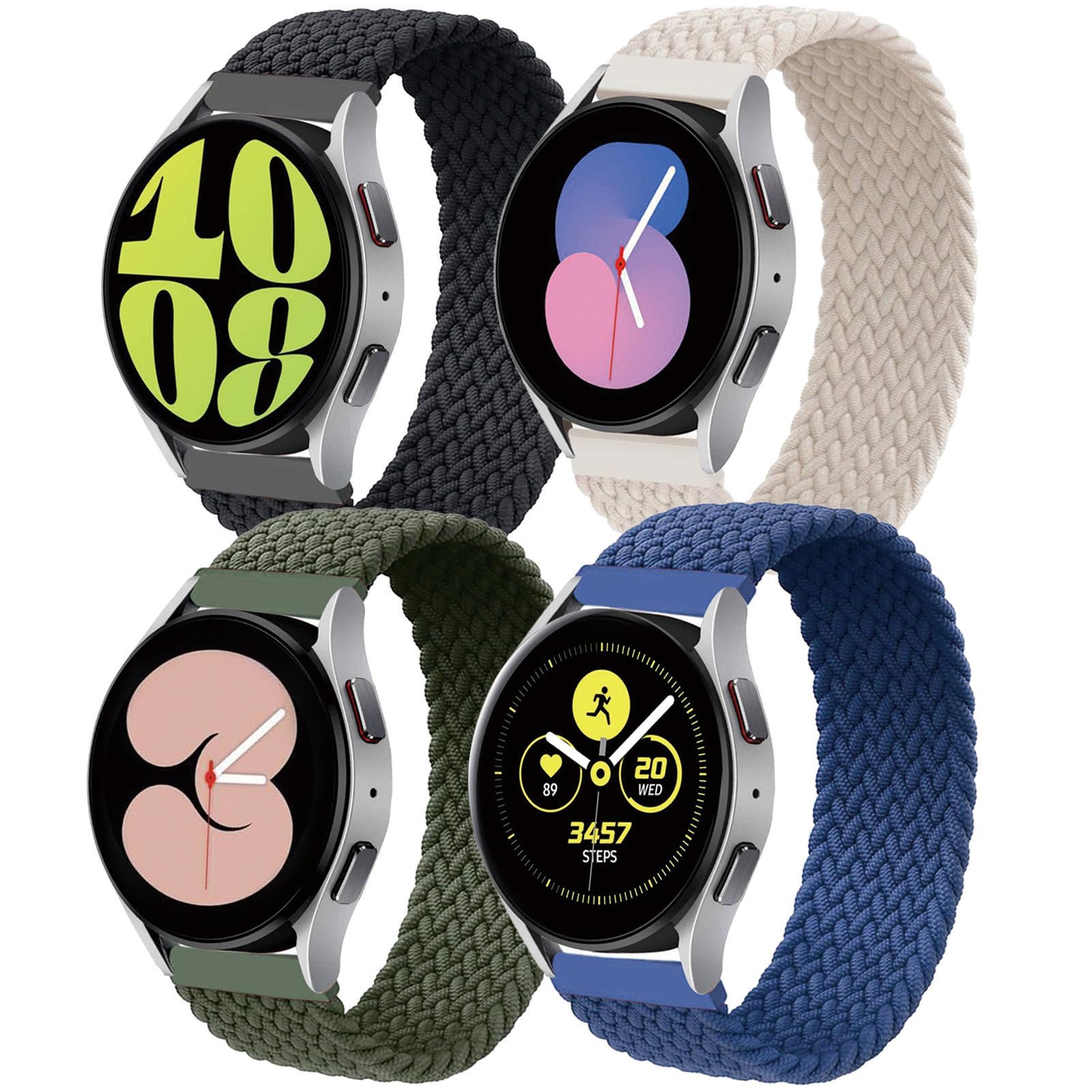 4 Pack Braided Solo Loop Band For Samsung Galaxy Watch 6 6 Classic 5 4 40mm 42mm 44mm 46mm 43mm 47mm 5 Pro 45mm Band,20mm Elastic Sport Strap Bracelet Stretchy Band