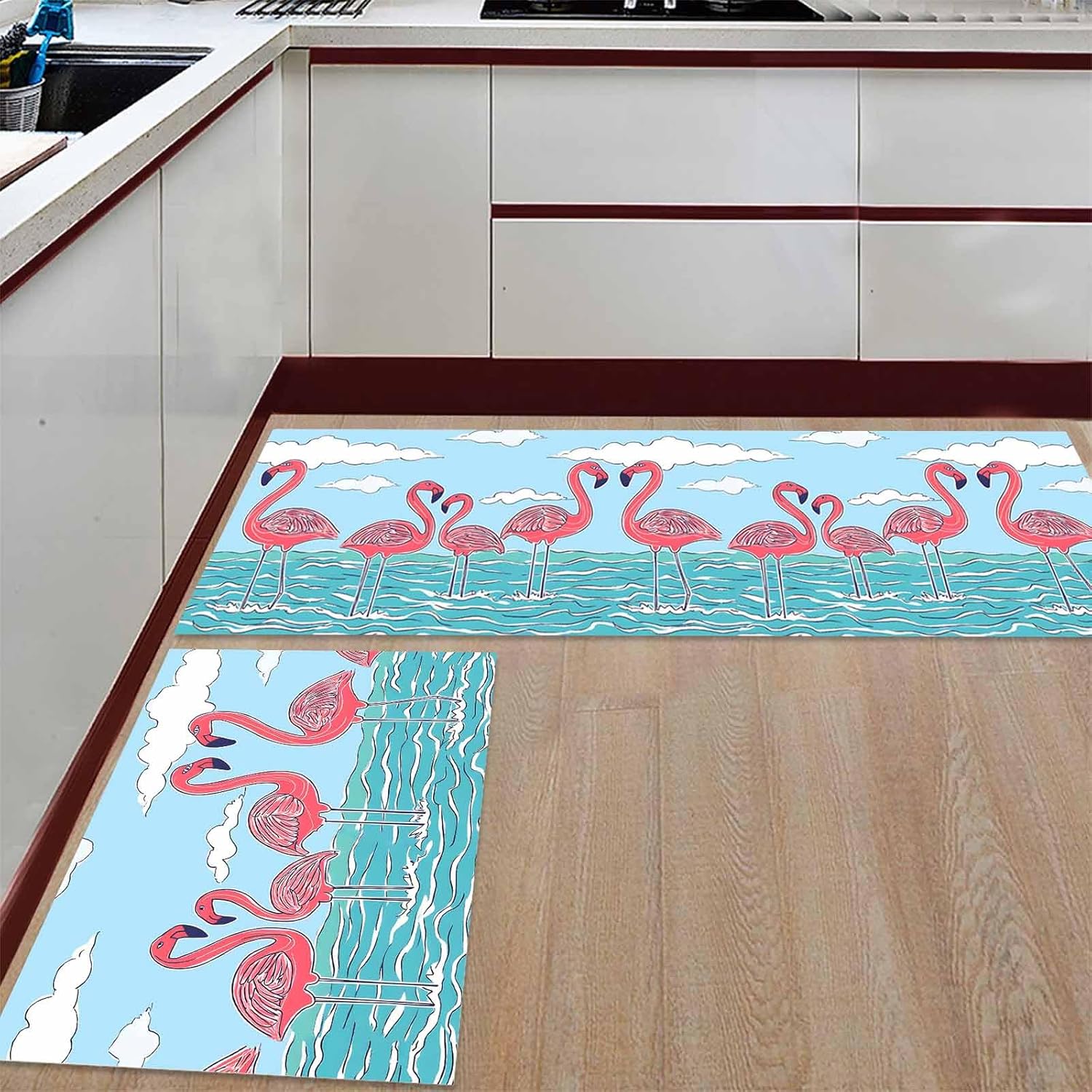 2 Pieces Kitchen Rugs and Mats,Watercolor Coastal Sea Flamingos Cloud Area Runner Rug Set Non Slip Floor Doormat Washable Carpet Standing Mat for Kitchen Sink Indoor Corridor,Summer Ocean Theme