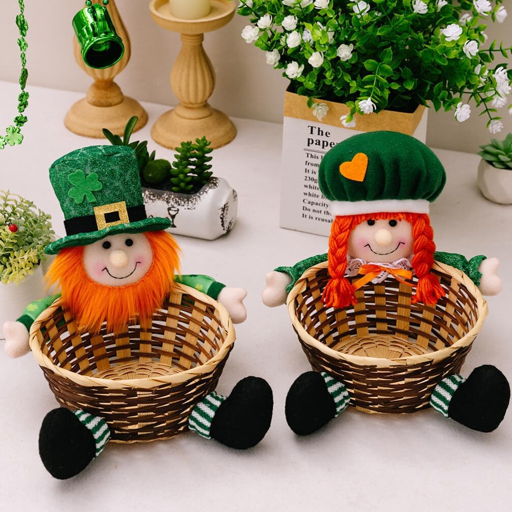 Zerodeko St. Patricks Day Candy Dish Leprechaun Hat Plush Gnome Candy Bowl Shamrock Woven Keys Basket Table Shelf Decorations Farmhouse Home Decor for Irish Party