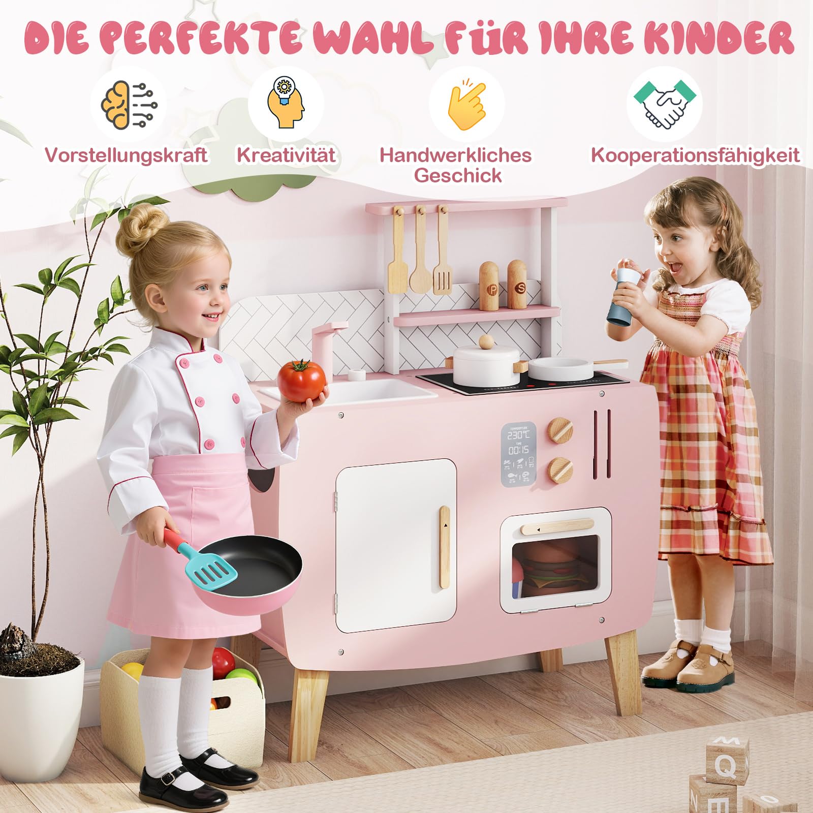 COSTWAY kuchnia dziecięca z drewna, kuchnia do zabawy z kuchenką, zlewem, kranem & piekarnikiem, mini kuchnia z naczyniami do gotowania, szafkami do przechowywania & regałami, zabawka kuchnia dla