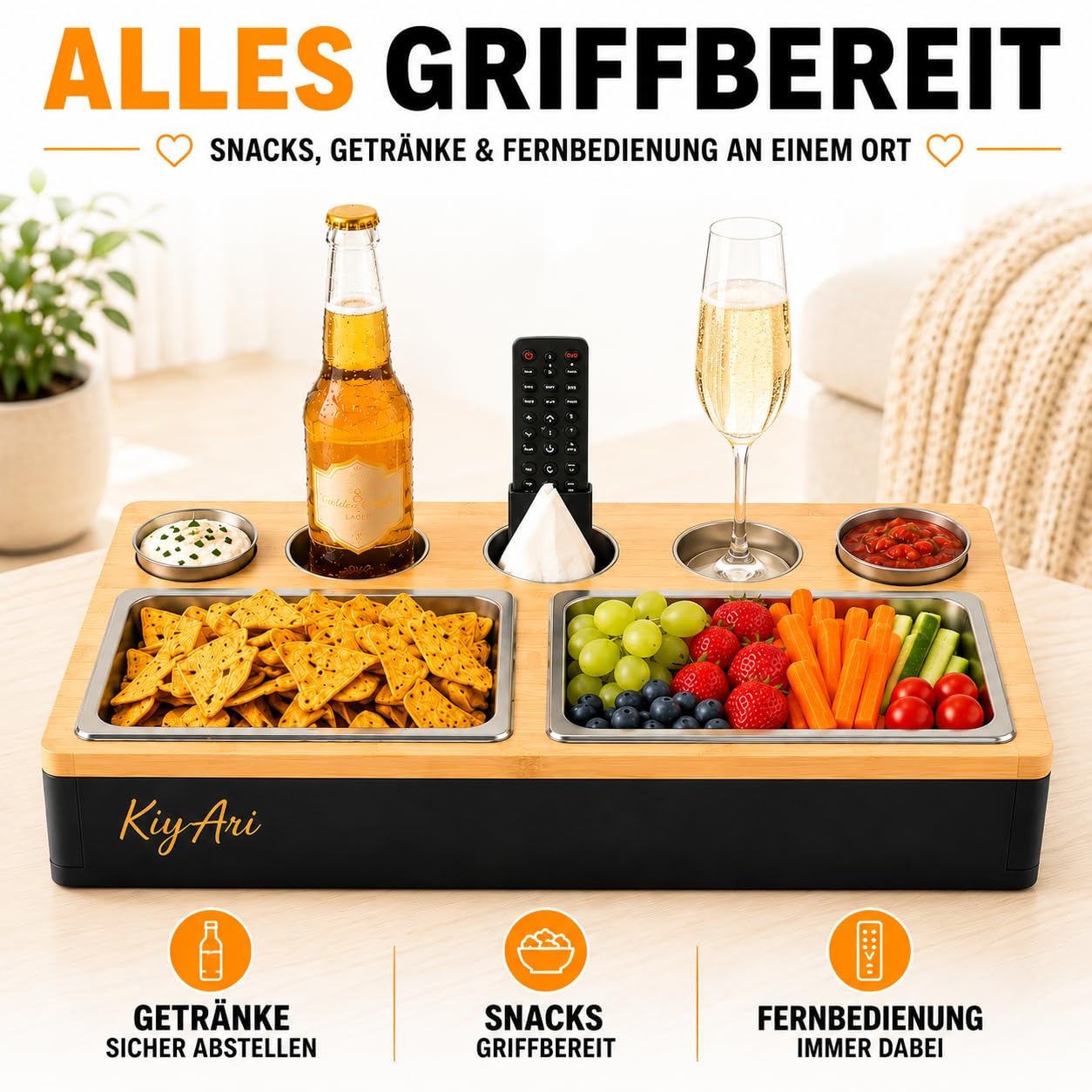 Couchbar Snackbox de bambú, 2 soportes para bebidas, 2 cuencos para aperitivos, soporte para teléfono móvil