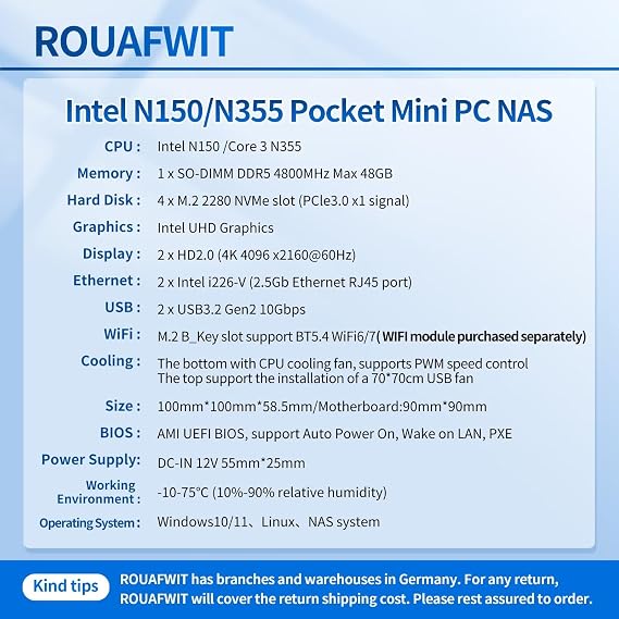 4-Bay NAS Pocket Mini PC X86-P6, N150 (Upgraded N100) Micro Compputer, 2x 2.5GbE i226-v, Dual 4K Display, 2 USB3.2 10Gbps for Firewall Appliance, Barebone