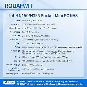 4-Bay NAS Pocket Mini PC X86-P6, N150 (Upgraded N100) Micro Compputer, 2x 2.5GbE i226-v, Dual 4K Display, 2 USB3.2 10Gbps for Firewall Appliance, Barebone