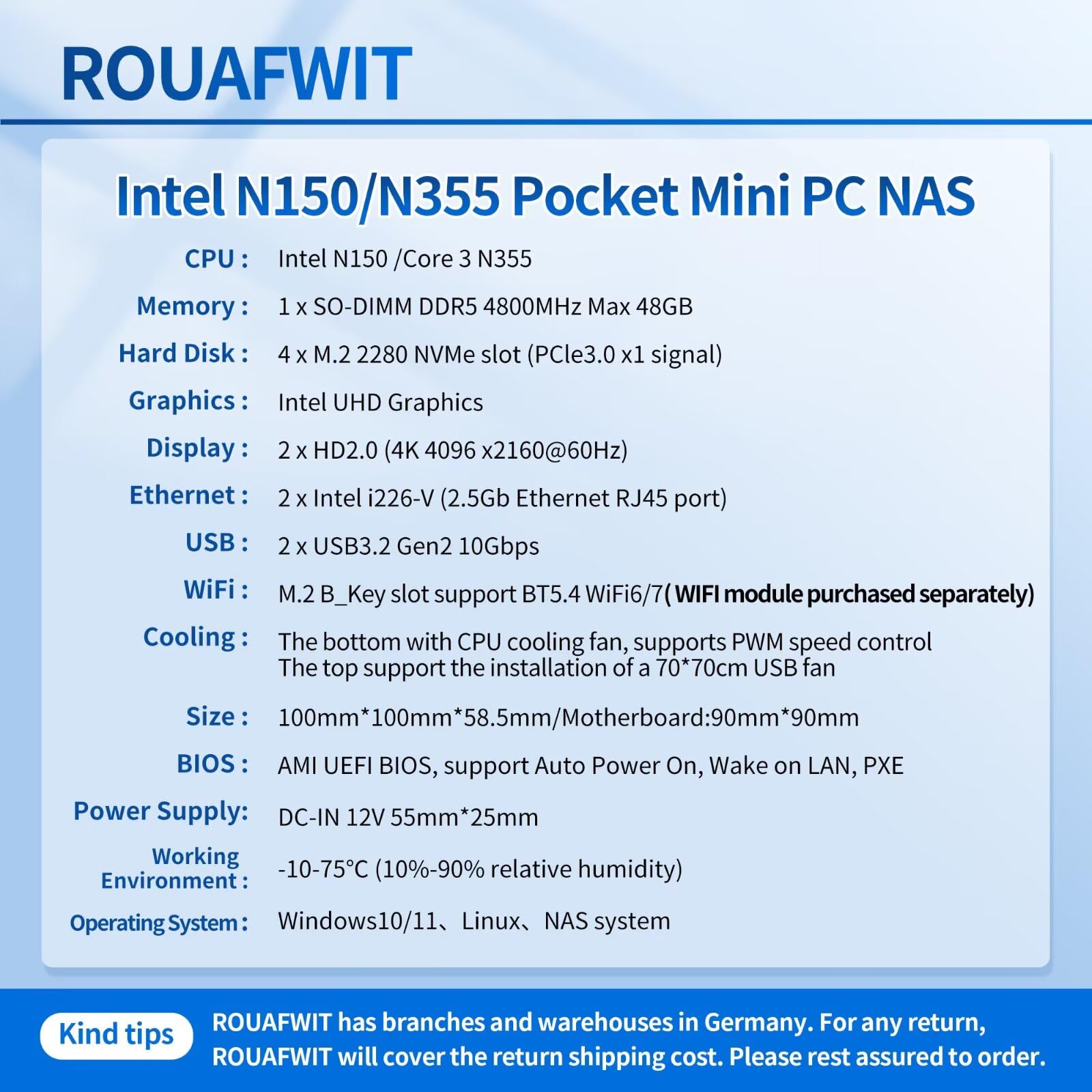 Mini PC X86-P6 N355 (Upgraded N305), Pocket NAS 4 Bay with DDR5 Max 48G Micro Computer, 2X i226V 2.5Gbe Firewall, 2 x USB 3.2 10Gbps Port, Barebone