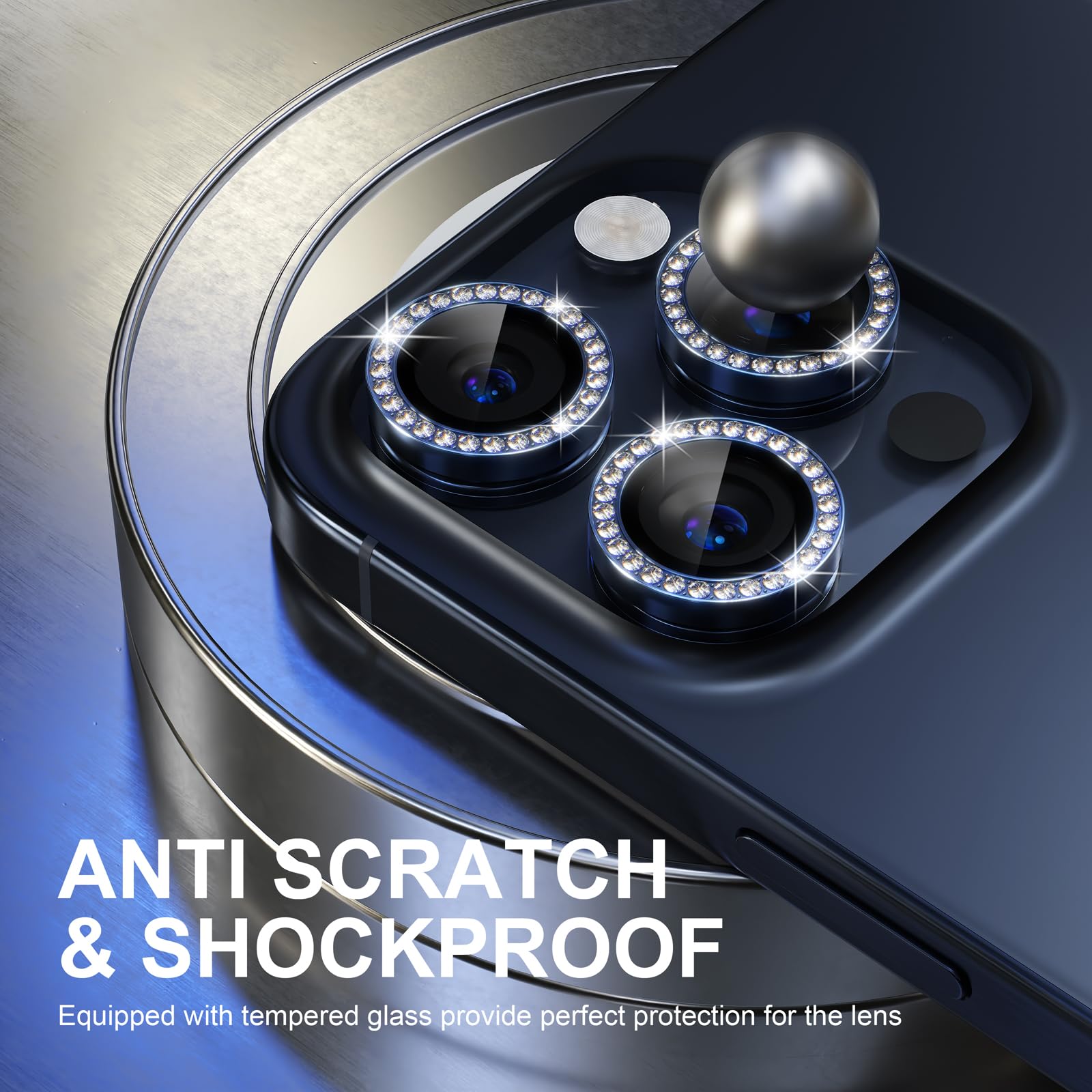Choiche Für iPhone 15 Pro/iPhone 15 Pro Max Kamera-Objektivschutz | Ultra HD, Bling 9H Panzerglas Kamera Abdeckung Displayschutzfolie Metallring Dekoration Zubehör (Diamond-Blue)
