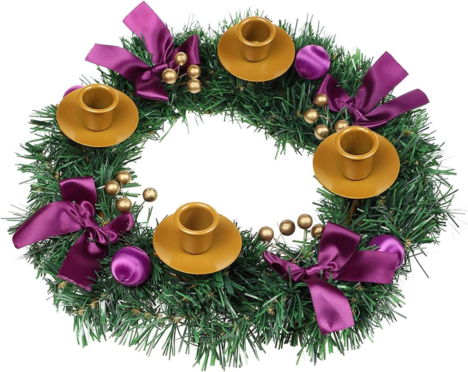 MorTime 14 Inches Christmas Wreath Candle Holder Ring, Christmas Candlestick Decoration with Glitter Berries Purple Bows and Christmas Balls for Winter Holidays Home Decor