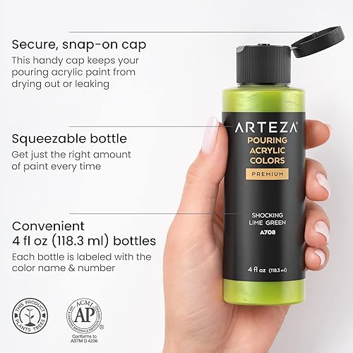 Miniatura 3 de ARTEZA Pintura acrílica metálica iridiscente, juego de 4, tonos de sorbete, 4 onzas líquidas, pintura de alto flujo para lienzo, vidrio, madera,