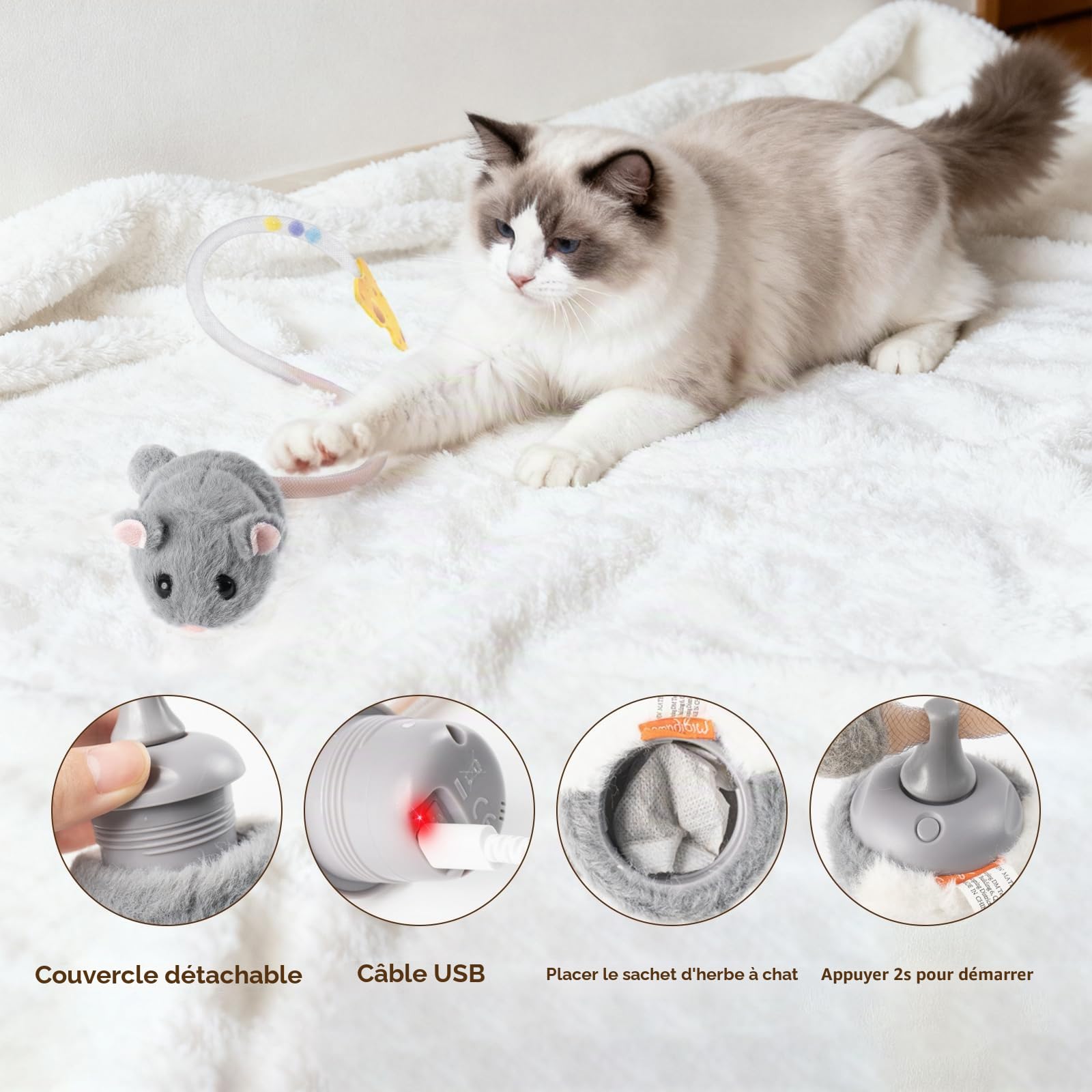 Migipaws Jouet interactif pour Chat, Souris électrique roulante avec Queue Qui remue, capteur Intelligent, couinement, Jouet pour Chat avec Herbe à Chat, Rechargeable