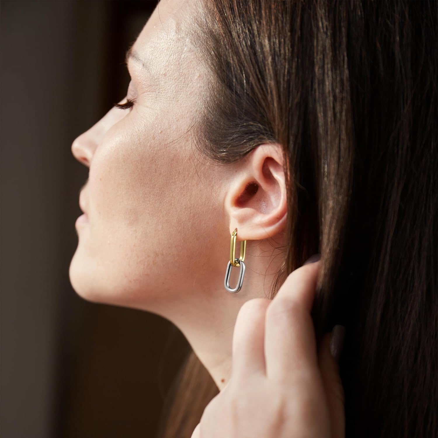 14K Two Tone Gold Silver Hoop Earrings for Women Drop Dangle Paperclip Earrings Convertible Link Chain Earing - Image 6