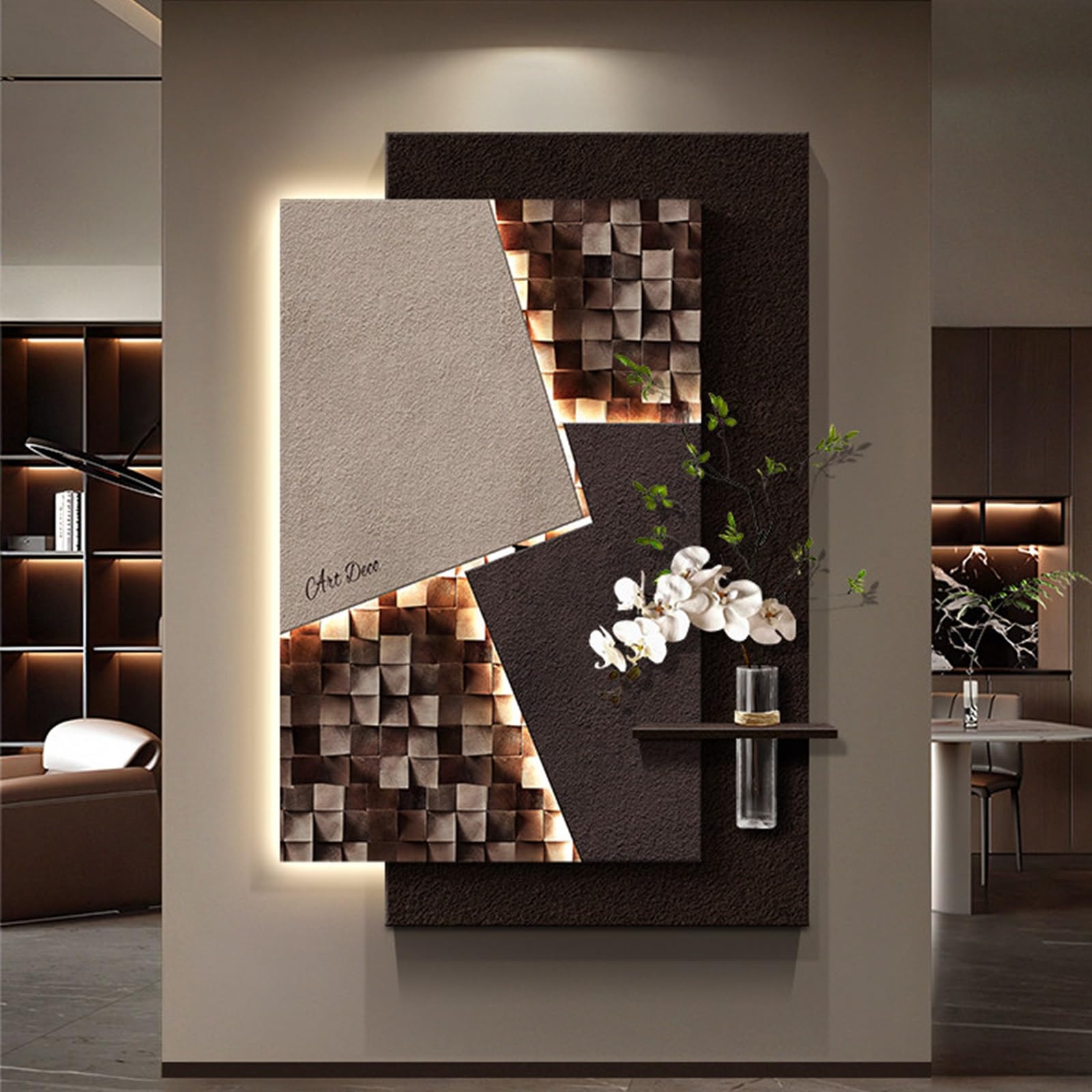 Décoration murale 3D LED peinture de grès et vase en verre design blanc 50x69.8 cm