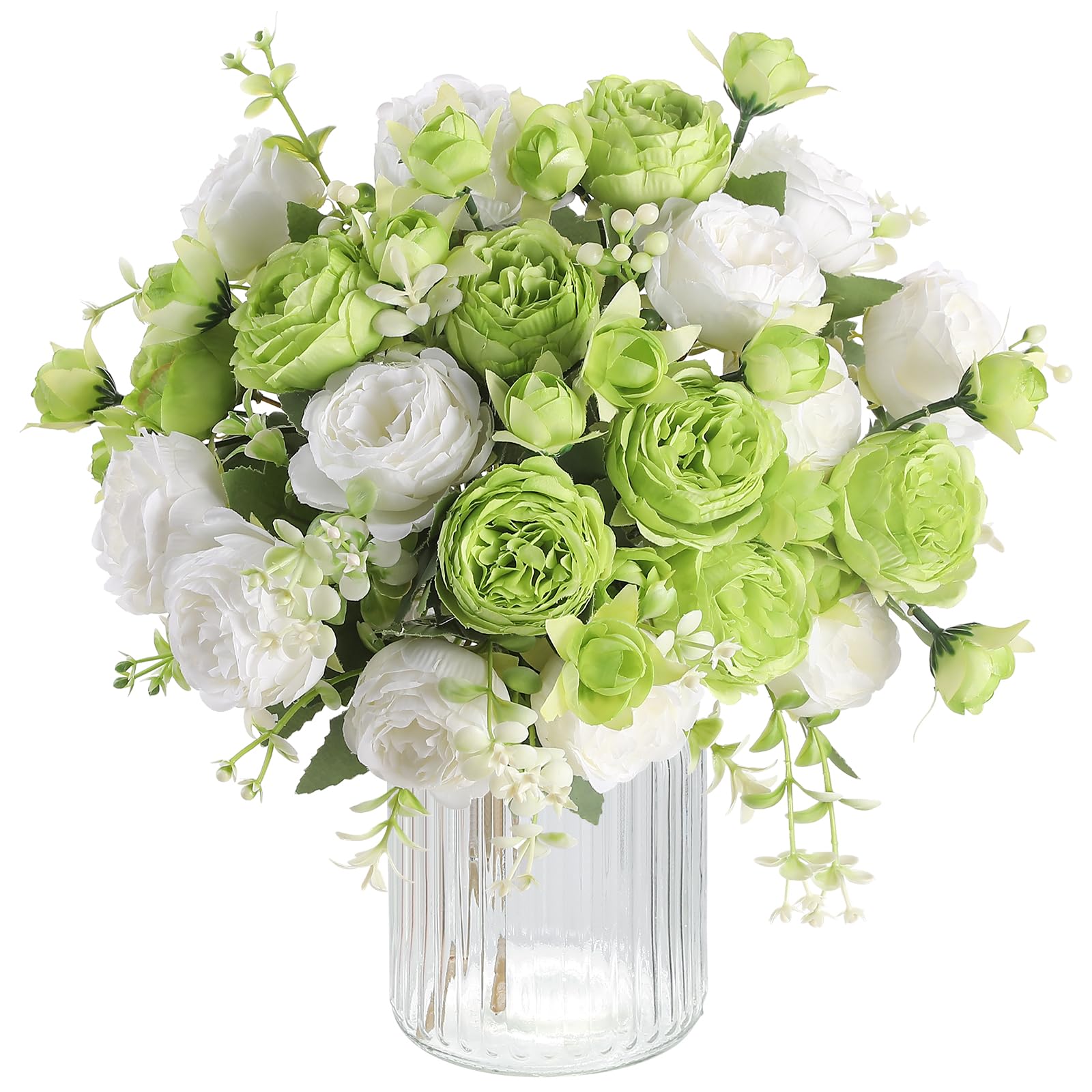 Floweroyal 8 Bunches Peony Artificial Flowers Green White Flowers Silk Peonies Bouquets for Wedding Party Table Centerpieces Floral Arrangement Home Kitchen Decor — image 1