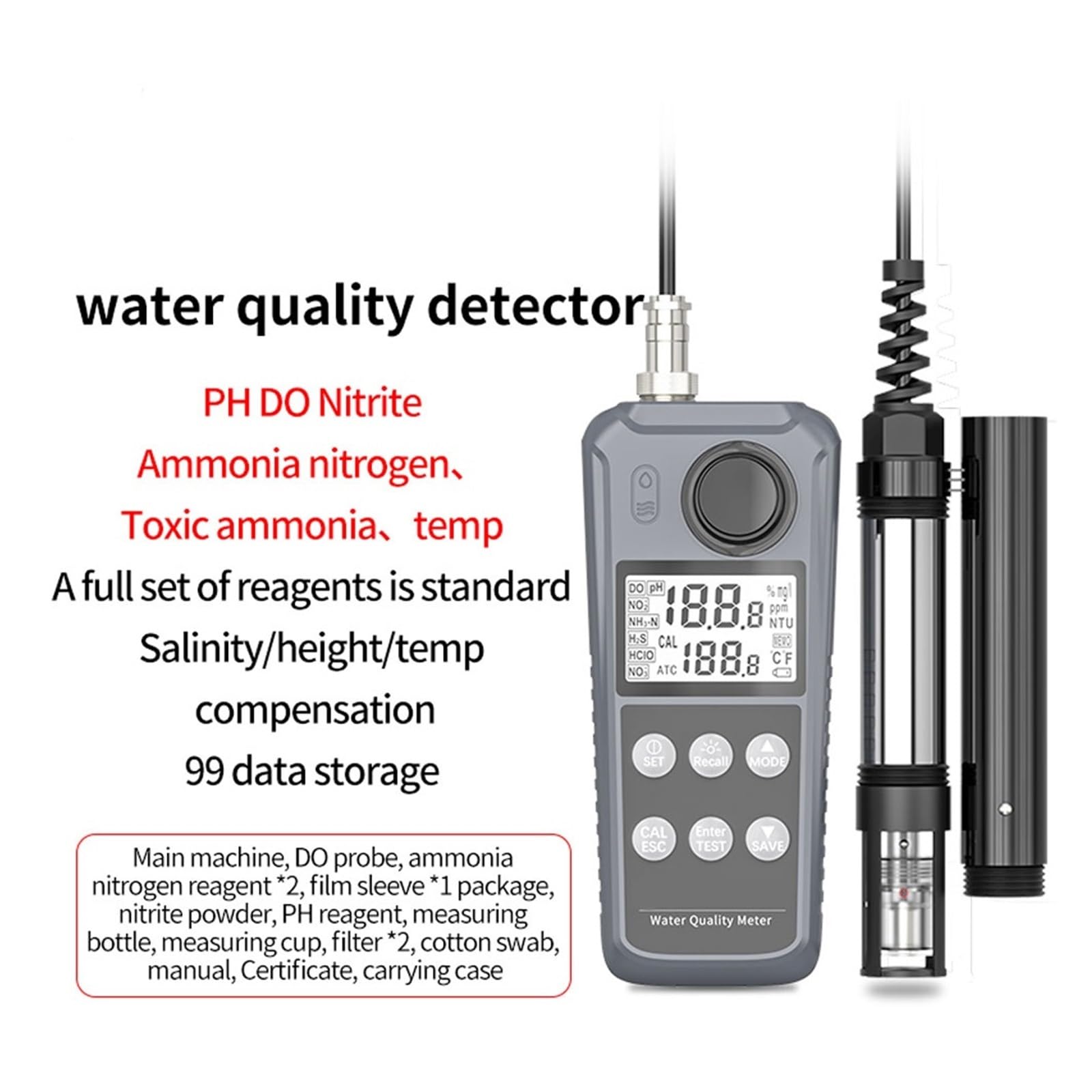Medidor De Probador Calidad del Agua, Detector Temperatura Oxígeno Disuelto, Analizador Medida Nitrógeno, Nitrito, Amoníaco, PH Comprobación Precisa Sencilla