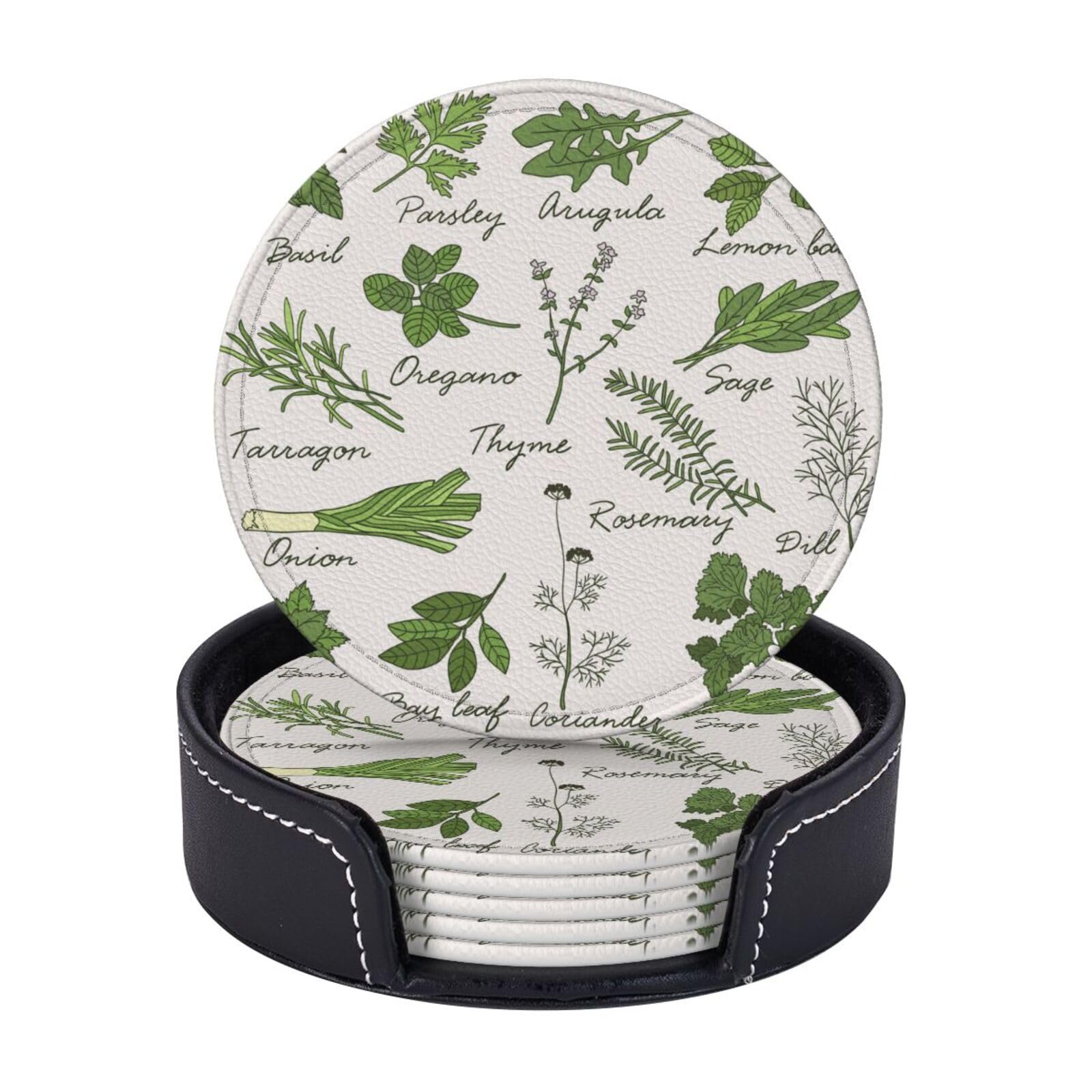 Vintage Herb Floral Plant Coasters For Drinks Round Leather Coaster With Holder Set Of 6 For Tabletop Protection Desk Accessories Office Home Room
