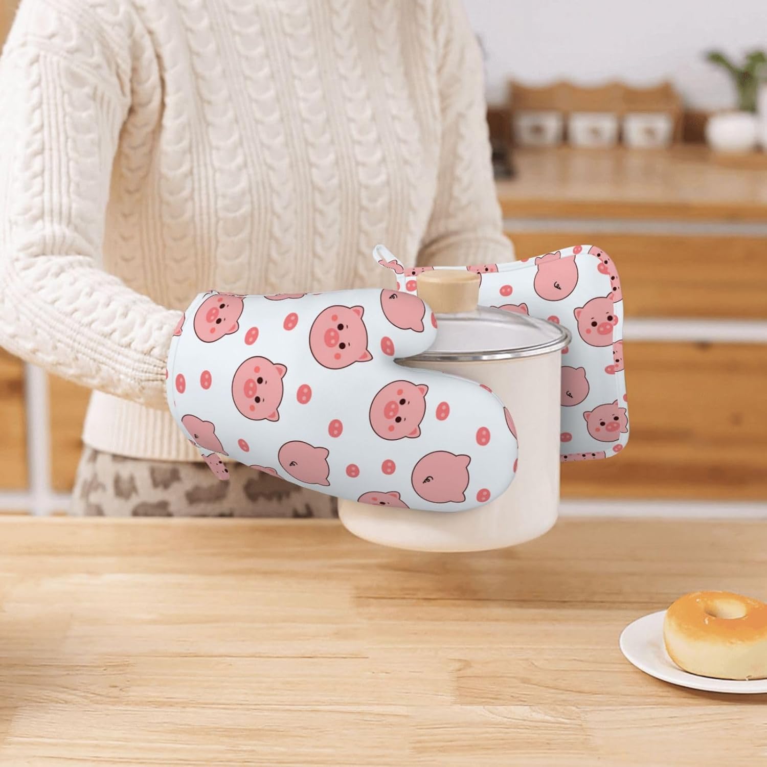 Pink Pig Oven Mitts and Pot Holders Sets, Home Silicone Heat Resistant BBQ Gloves for Kitchen Baking Cooking Grilling Microwave
