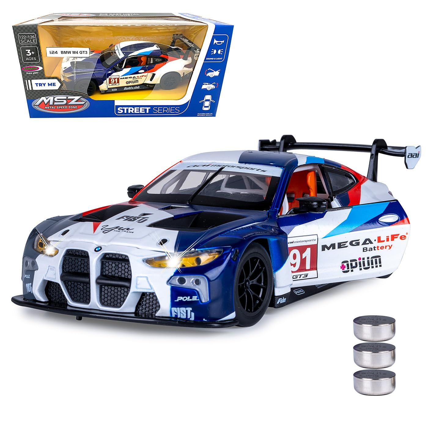 JAMARA 402625 BMW M4 GT3 Diecast 1:24 inkl. Knopfzellen - Modellauto Spielzeug, Kinder Car, Model Miniatur Fahrzeuge, Geschenkidee für Kinder, Türen Manuell öffnen/schließen