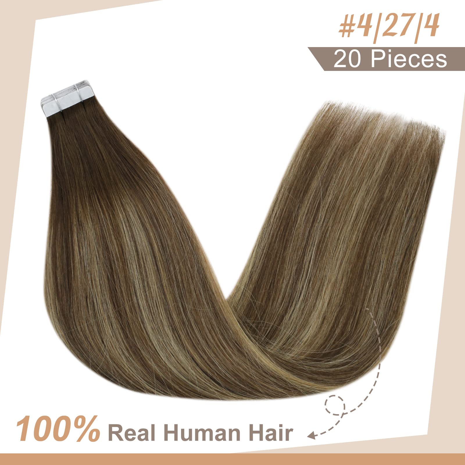 Balayage Brown Tape in Hair Extensions Human Hair Remy Silky Soft Tape Hair Extensions Balayage Dark Brown Fading to Caramel Blonde with Dark Brown 16 inch 20 Pcs 50 g - Image 2