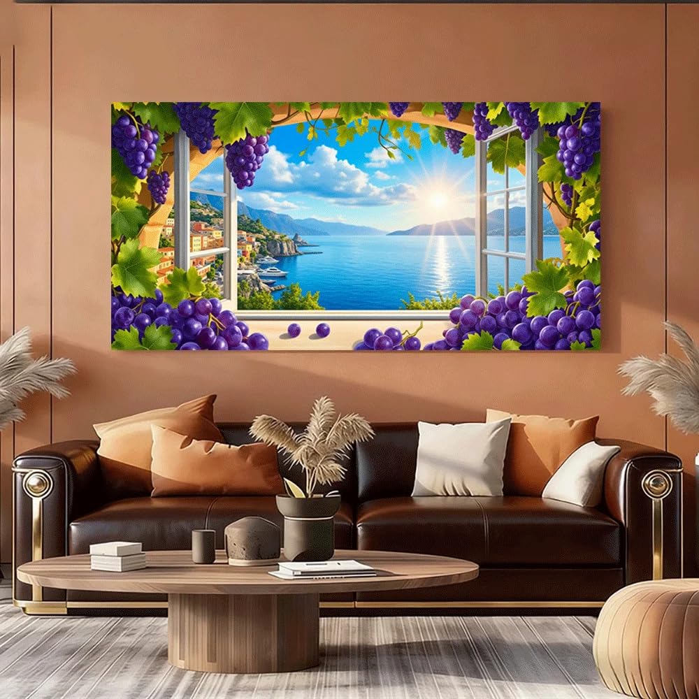 GKUVBF Affiche sur toile, vue depuis la fenêtre, vigne, paysage côtier, coucher de soleil, mer, océan, villa, nature, impression d'art, décoration intérieure (90x180cm/sans cadre)