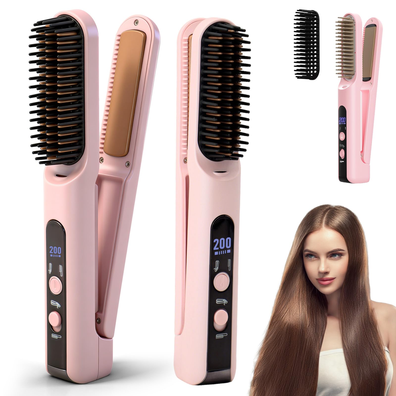 Scettar 2-in-1 Kabellose Glätteisenbürste, Wiederaufladbare Tragbare Haarglätterbürste mit 5000 mAh, Ideal für Reisen, Flacheisen und Bürsten-Kombination für glattes, krauses Styling (Rosa)