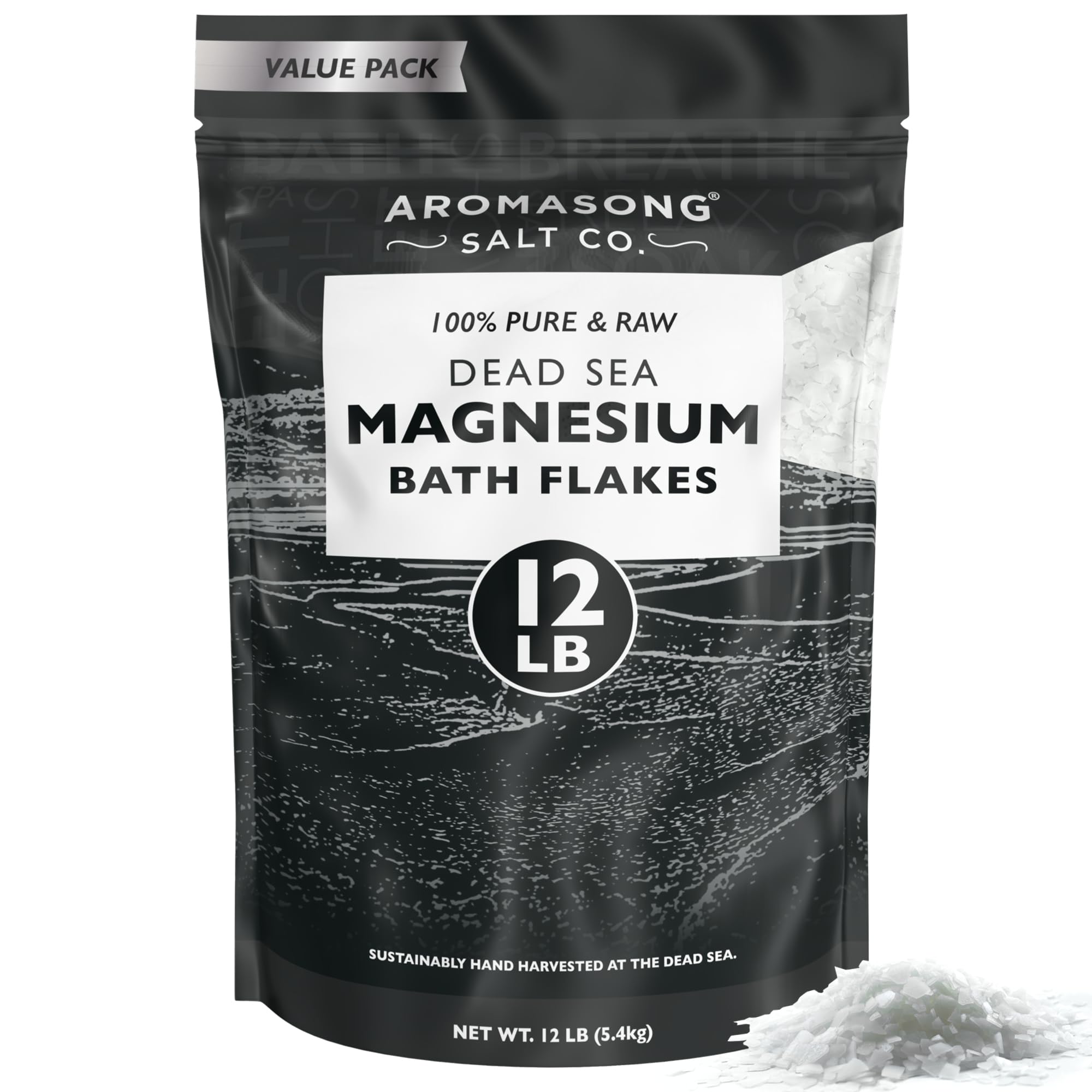Aromasong Magnesium Flakes from The Dead Sea, 12 LB Resealable Black Bag - Muscle Relaxing Magnesium Chloride Bath Salts Soak for Headaches, Stress & Leg Discomfort