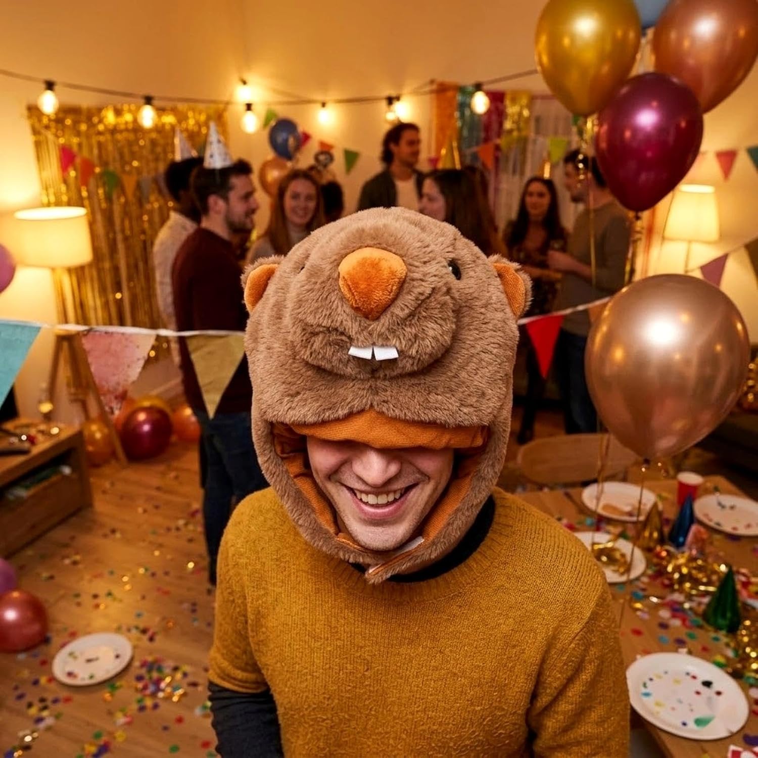 LOGOFUN Cartoon Groundhog Headwear Hat Stuffed Animal Cosplay Costume Adorable Party Photo Booth Prop for Birthday Carnival Wedding Shoot