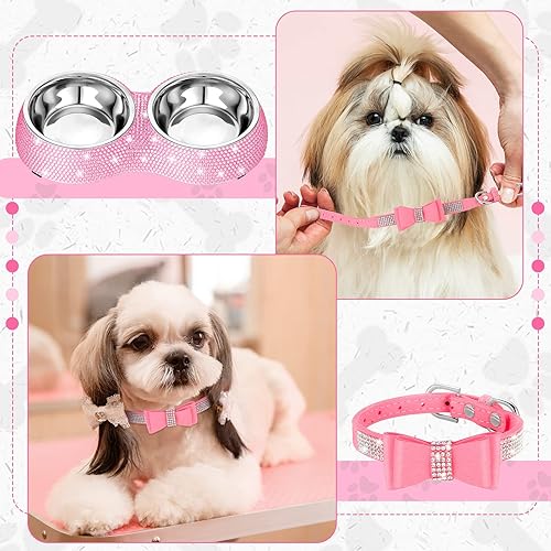 Miniatura 4 de Gerrii Juego de comedero para mascotas, cuencos de acero inoxidable rosa y collar brillante ajustable para perros y gatos (rosa, XS)