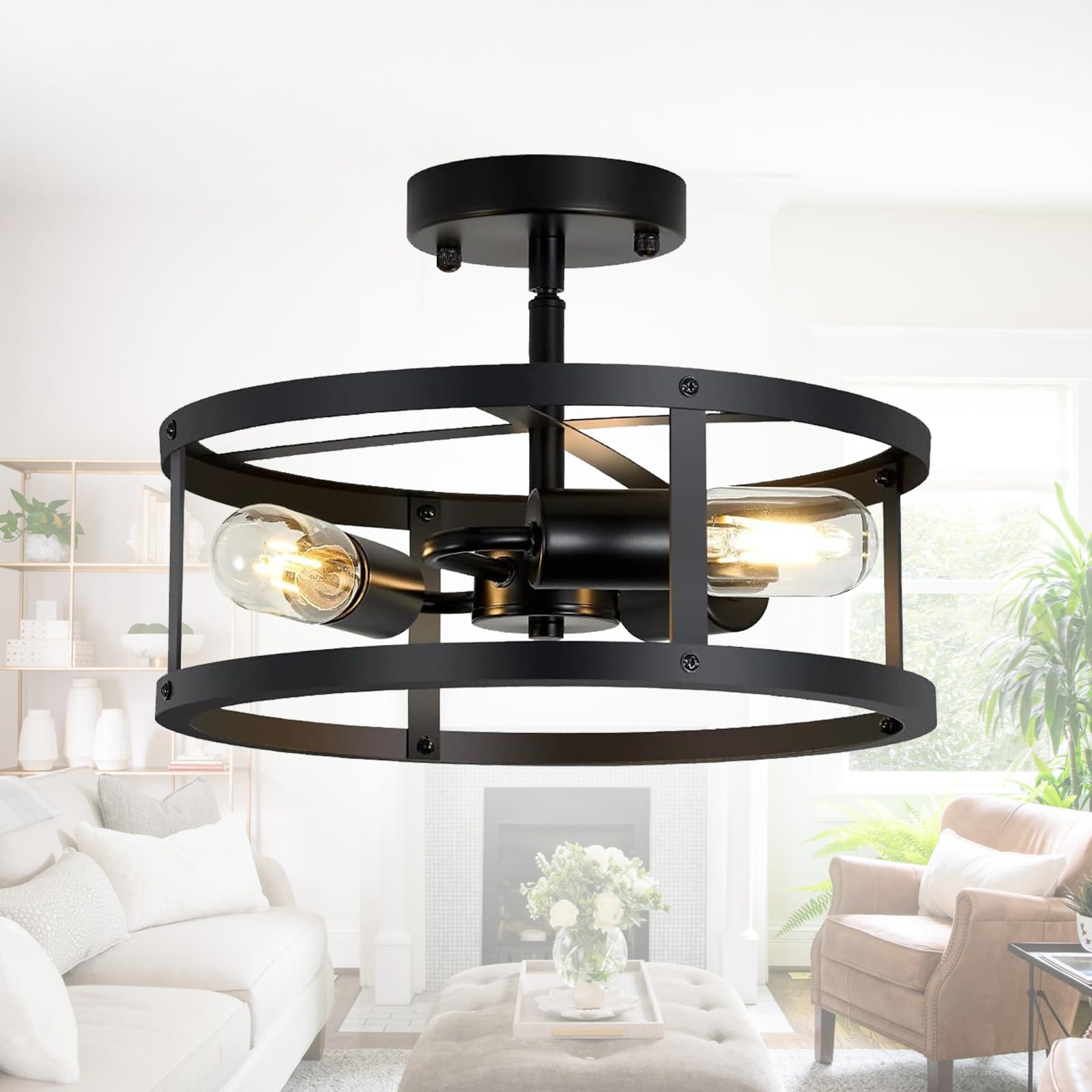 Mikeru Vintage Industrial Style Pendant Light, 3 Lights Metal Black Ceiling Pendant with Semi-Recessed LED Lighting for Study, Bedroom, Tea Room, Dining Room — image 1