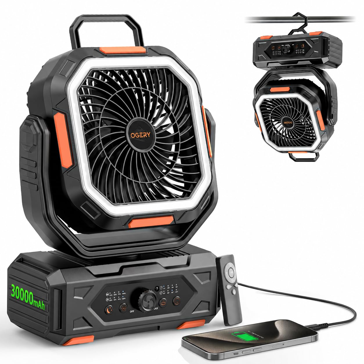 Ventilateur portable de camping rechargeable 30000mAh autonomie extérieure et lanterne LED