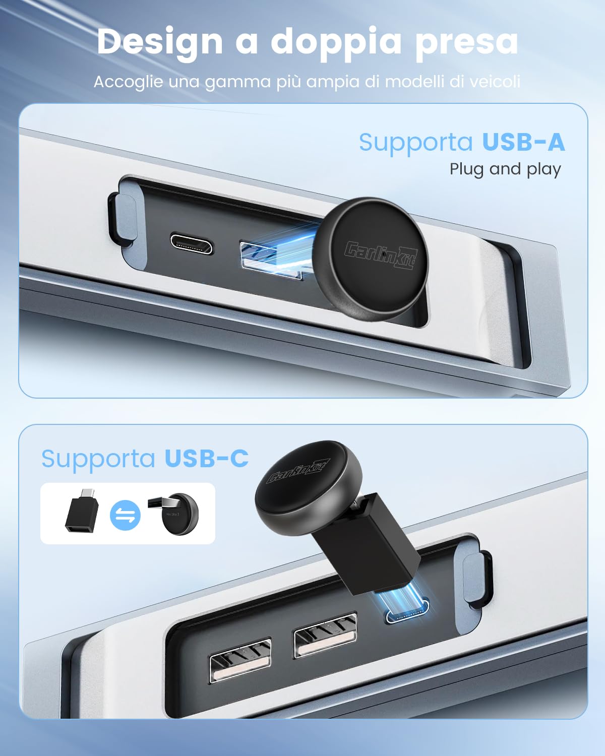 CarlinKit Adattatore wireless MINI-Ultra 3 - Converte CarPlay/Android Auto cablato in wireless, Plug-and-play, USB/Type-C, aggiornamento OTA