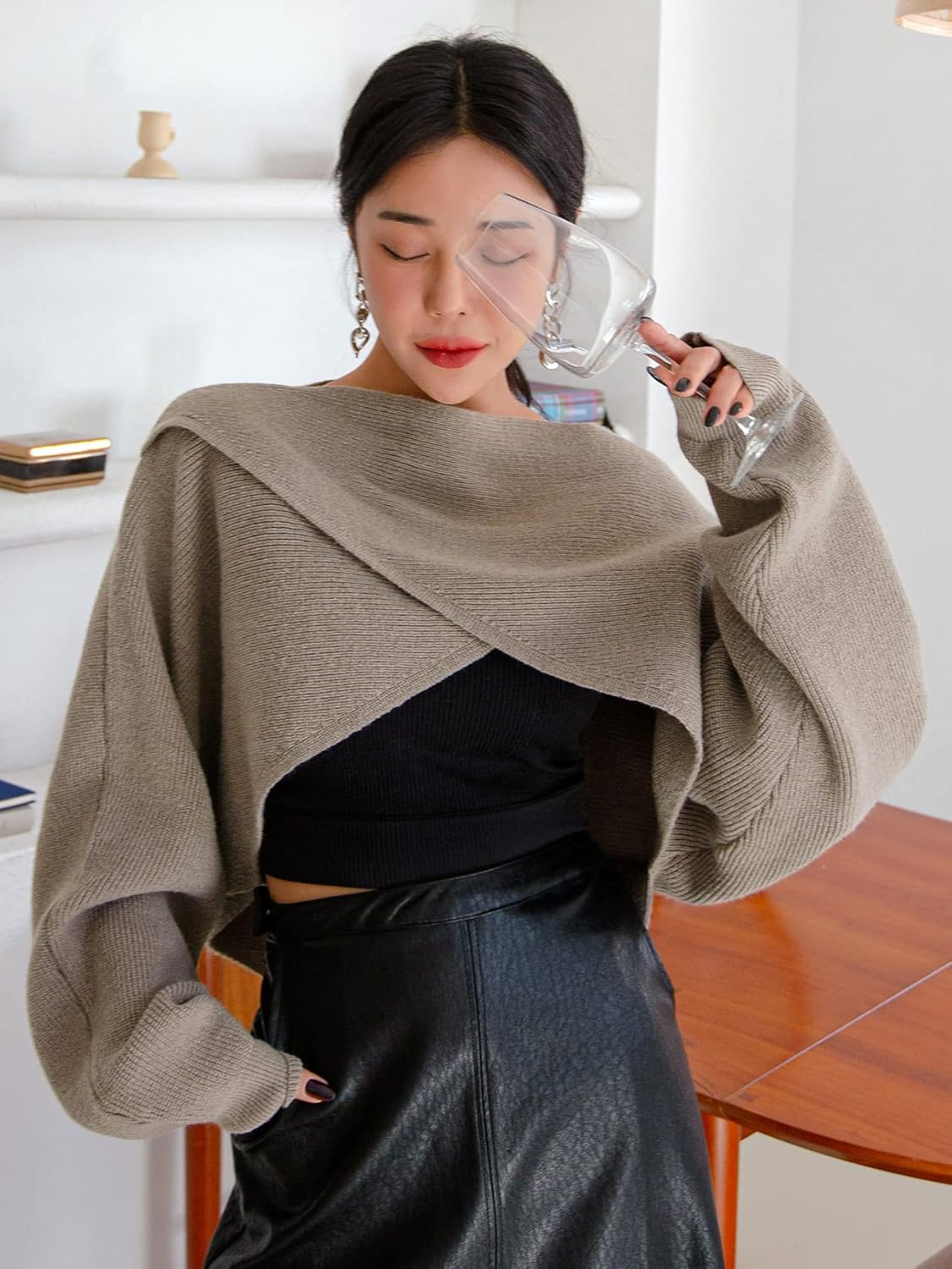 Women's Sweater Solid Criss Cross Crop Sweater Sweater for Women (Color : Mocha Brown, Size : Small)