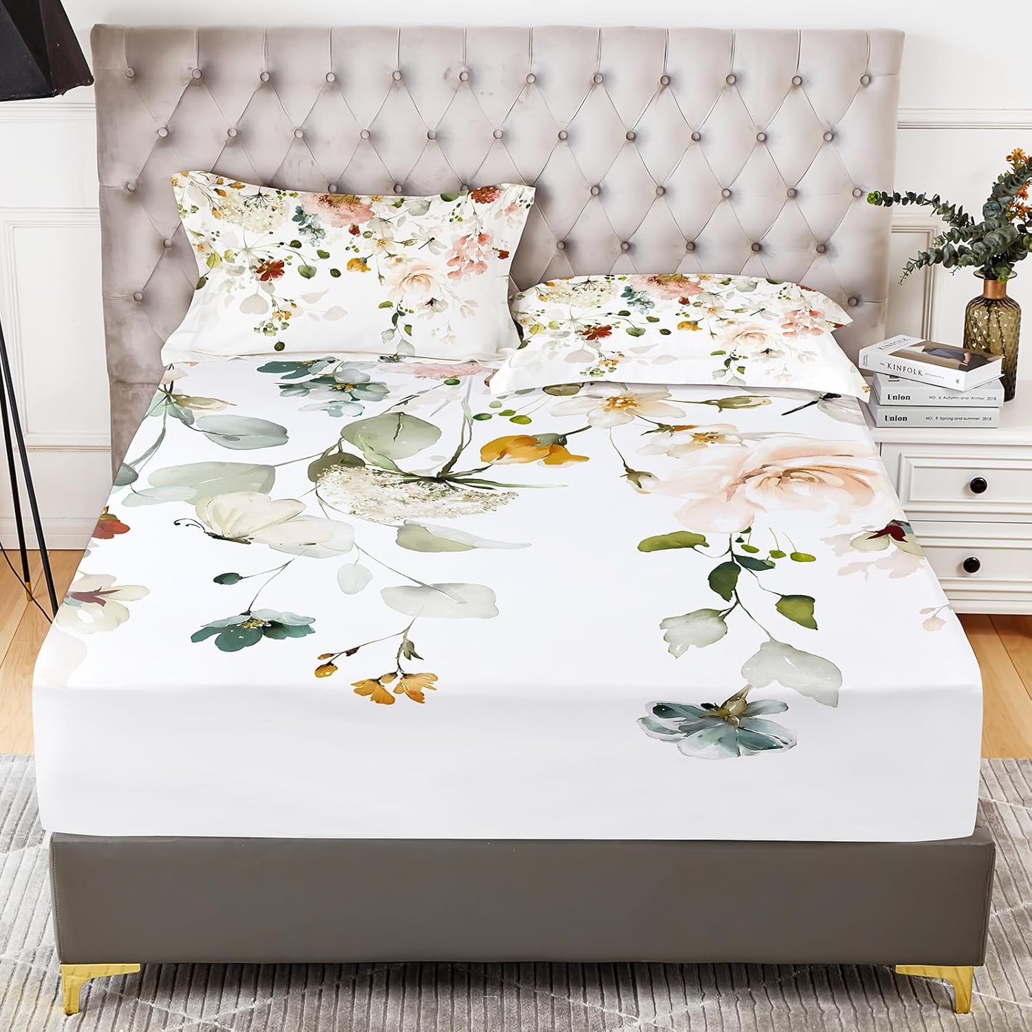 YIYEA Floral Fitted Sheet with Pillowcases, Premium Double Brushed Microfiber Fitted Bottom Sheet, 16" Deep Pocket, Ultra Soft, Shrinkage, Fade Resistant, Queen Size